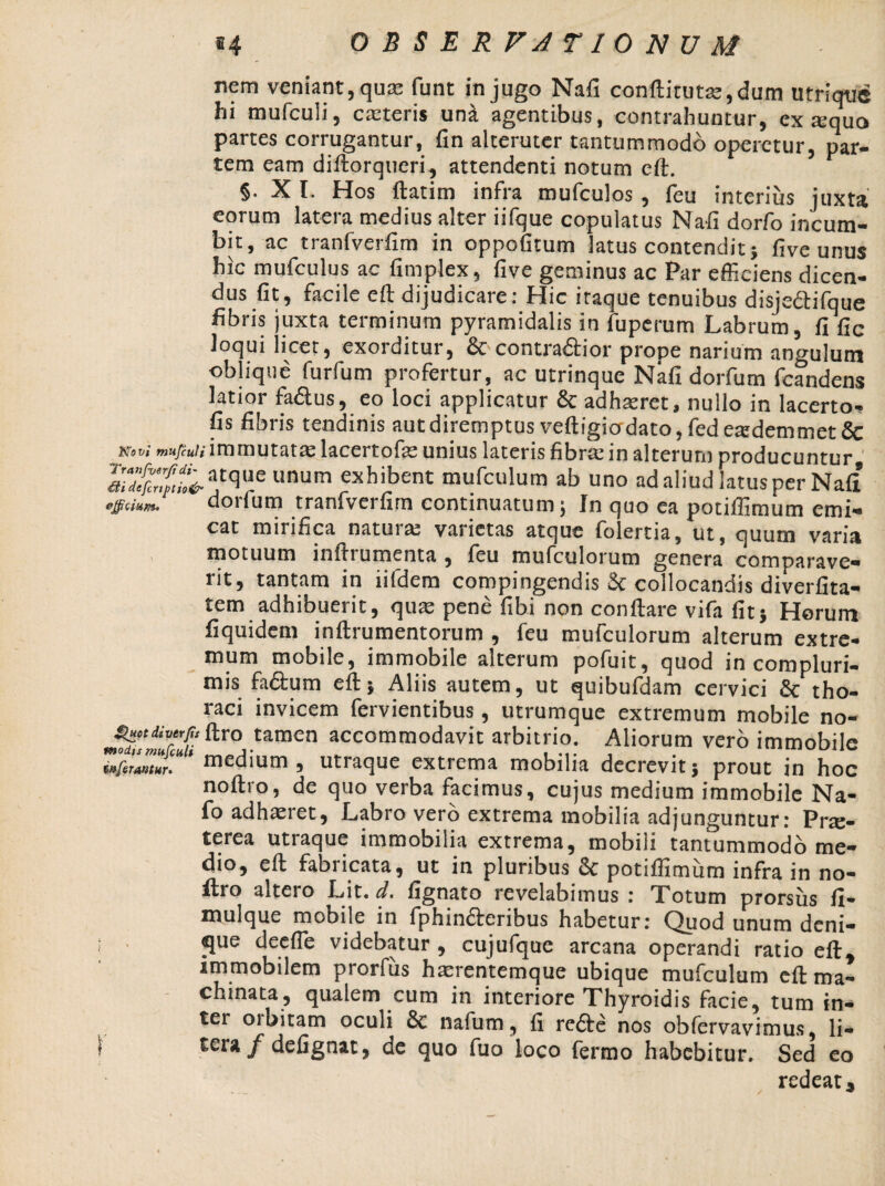 nem veniant, qua: funt in jugo Nafi conftituta:,dum utriqtie hi muicuii, casteris uni agentibus, contrahuntur, ex aqua partes corrugantur, fin alteruter tantummodo operetur, par¬ tem eam diftorqueri, attendenti notum eft. §. X L Hos ftatim infra mufculos , feu interius juxta eorum latera medius alter iifque copulatus Nafi dorfo incum¬ bit, ac tranfverfim in oppofitum latus contendit} five unus hic mufculus ac fimplex, five geminus ac Par efficiens dicen¬ dus fit, facile eft dijudicare: Hic itaque tenuibus disjedifque fibris juxta terminum pyramidalis in fuperum Labrum, fi fic loqui licet, exorditur, & contra&ior prope narium angulum oblique furfum profertur, ac utrinque Nafi dorfum fcandens latior fa&us, eo loci applicatur & adhseret, nullo in lacerto- fis fibris tendinis aut diremptus veftigio dato, fedetedemmetSc Ktvi ««/«,/,■ immutata: lacertofae unius lateris fibra: in alterum producuntur unum exhibent mufculum ab uno ad aliud latus per Nafi* vicium* doilum tranfverfim continuatum. In quo ea potilfimum emi¬ cat mirifica natura: varietas atque folertia, ut, quum varia motuum inftrumenta, feu mufculorum genera comparave¬ rit, tantam in iifdem compingendis & collocandis diverfita- tem adhibuerit, qua: pene fibi non conftare vifa fit} Herum fiquidem inftrumentorum , feu mufculorum alterum extre¬ mum mobile, immobile alterum pofuit, quod in compluri- mis fa&um eft} Aliis autem, ut quibufdam cervici & tho¬ raci invicem fervientibus, utrumque extremum mobile no- diverfrHro tamen accommodavit arbitrio. Aliorum vero immobile i&wtur. medium , utraque extrema mobilia decrevit 3 prout in hoc noftro, de quo verba facimus, cujus medium immobile Na- fo adhaeret, Labro vero extrema mobilia adjunguntur: Prae¬ terea utraque immobilia extrema, mobili tantummodo me¬ dio, eft fabricata, ut in pluribus & potiffimum infra in no- flro aiteio Lit. d, lignato revelabimus : Totum prorsus fi- mulque mobile in fphin<fteribus habetur: Quod unum deni¬ que deefte videbatur , cujufque arcana operandi ratio eft^ immobilem prorfus hasrentemque ubique mufculum eft ma¬ chinata, qualem cum in interiore Thyroidis facie, tum in¬ ter orbitam oculi & nafum, fi refte nos obfervavimus, li- tera / defignat, de quo fuo loco fermo habebitur. Sed eo redeat* / ^