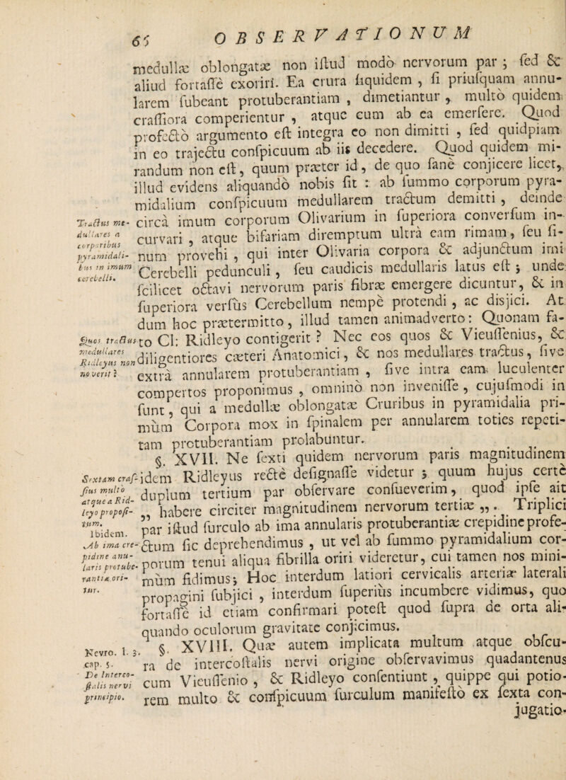 5 Trattut me¬ dullares a corporibus pyramidali- im in 'imum cerebelli, medulla: oblongatae non illud modb nervorum par ; fed & aliud fortaffe exoriri. Ea crura liquidem , fi pnufquam annu¬ larem fubeant protuberantiam , dimetiantur , multo quidem, craffiora comperientur , atque cum ab ea emerfere. Q_uod profefio argumento eft integra eo non dimitti , fed quidpiam in eo traieftu confpicuum ab iit decedere. Quod quidem mi¬ randum non cll, quum praeter id, de quo fane conjicere licet,, illud evidens aliquando nobis fit : ab iummo corporum pyra¬ midalium confpicuum medullarem tractum demitti , deinde circa imum corporum Olivarium in fupciioia conveifum in- curvari , atque bifariam diremptum ultra eam rimam, feu fi - nurn provehi , qui inter Olivaria coipora oc adjunctum imi Cerebelli pedunculi, feu caudicis medullaris latus eit ; unde (cilicet o£tavi nervorum paris fibrae emergere dicuntur, & m fuperiora verius Cerebellum nempe protendi , ac disjici. At dum hoc praetermitto, illud tamen animadverto: Quonam fa- guos tr&flus [q ci- Ridleyo contigerit ? Nec cos quos Vieuilenius, cC. dilisentiores cteteri Anatomici, & nos medullares tractus, live noventi extra annularem protuberantiam ^ five mtia carrr luculenter compertos proponimus , omnino non invenifle, cujufmodi in fuiit qui a medulla; oblongatae Cruribus in pyramidalia pri¬ mum Corpora mox in fpinalem per annularem toties repeti¬ tam protuberantiam prolabuntur. _ . ■5 XVII Ne fexu quidem nervorum paris magnitudinem ^,M»«/-idem Ridleyus rette defignafle videtur ; quum hujus certe jius muito duplum tertium par obfervare confueverim, quod ipte ait IX‘wf- „ habere circiter magnitudinem nervorum terti» Triplici «»•.par illud furculo ab ima annularis protuberanti» crepidine profe- wAb ima cre- aum fic deprehendimus , ut vel ab fummo pyramidalium cor- pidtne anu- . _: ^riri uirlcrcmr. mi ramen nos mini- r-antia ori litr. norum tenui aliqua fibrilla oriti videretur, cui tamen nos mini- Sm fidimusj Hoc interdum latiori cervicalis arterix laterali propagini fubjici , interdum fuperius incumbere vidimus, quo fortafle id etiam confirmari poteft quod fupra de orta ali- quando oculorum gravitate conjicimus. 1 § XVIU. Qux autem implicata multum atque obfcu-  ra de intercoftalis nervi origine obfervavimus quadantenus cum Vicuflenio , & Ridleyo confentiunt , quippe qui potio- principio. rem multo 8c confpicuum furculum mamtefto ex lexta con¬ jugatio- Ne vio cap. 5 De Interco-