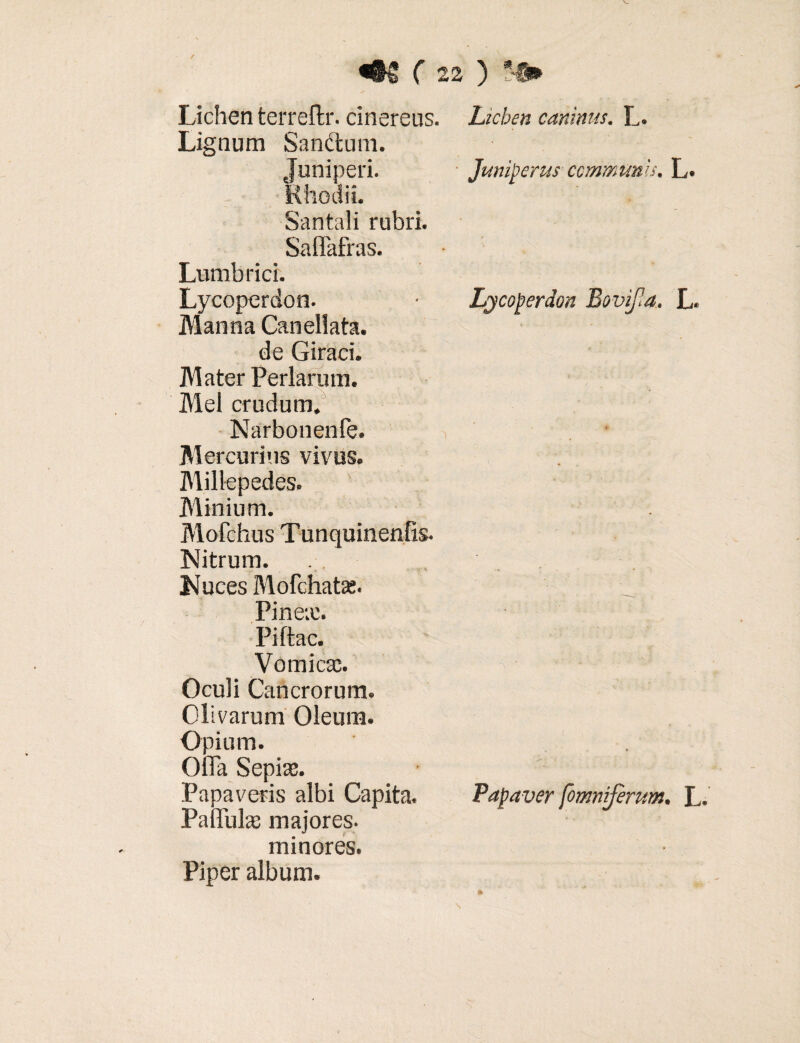 Lichen terreflr. cinereus. Lichen caninus. L. Lignum Sandum. Juniperi. Juniperus communis. L. Rhodii. Santali rubri. Saffafras. Lumbrici. Lycoperdon. • Ljcoperdon Bovi/Ia. L. Manna Canellata. de Giraci. Mater Perlarum. Mei crudum. Narbonenfe. •, ’ . * Mercurius vivus. Millepedes. Minium. Mofchus Tunquinenfis. Nitrum. Nuces Mofchatas. Pinex. Piftac. Vomicx. Oculi Cancrorum. Olivarum Oleum. Opium. Olla Sepiae. Papaveris albi Capita. Papaver [omniferum. L Pabula: majores. minores. Piper album.
