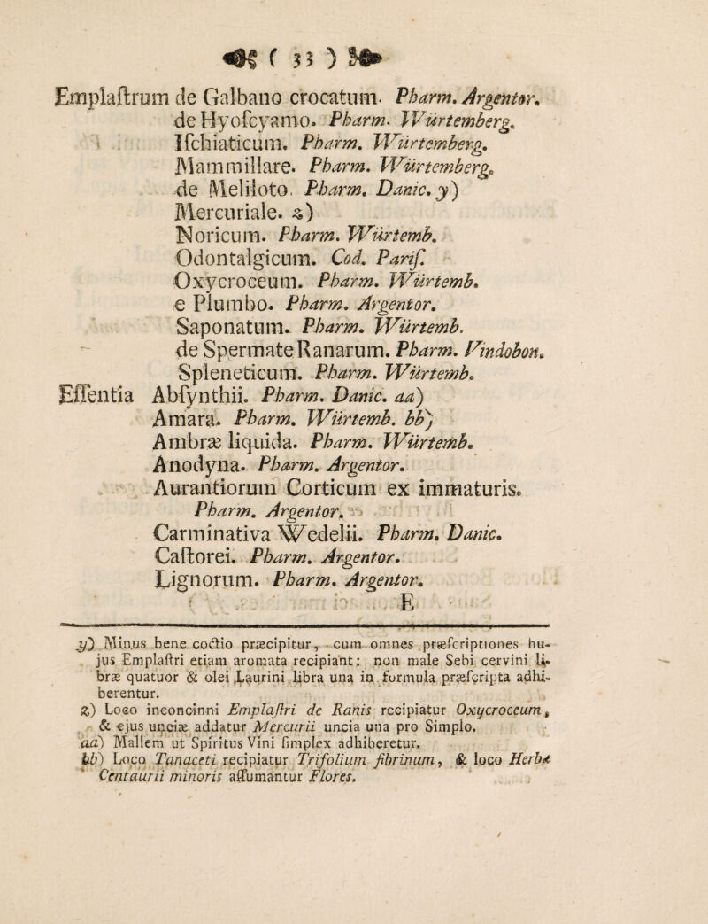 Emplaftrum de Galbano crocatum. Pharm. Argentor. de Hyofcyamo. Pharm. Wurtemberg. iTchiaticum. Pharm. Wurtemberg. Mammillare. Pharm. Wurtemberg. de Meliloto. Pharm. Danic. y) Mercuriale. z) Noricum. Pharm. Wurtemb. Odontalgicum. Cod. Parif. Oxycroceum. Pharm. Wurtemb. e Plumbo. Pharm. Argentor. Saponatuiru Pharm. Wurtemb. de SpermateRanarum. Pharm. Findobon. Spleneticum. Pharm. Wurtemb* Effentia Abfynthii. Pharm. Danic. aa) Amara. Pharm. Wurtemb. bti) Ambras liquida. Pharm. Wurtemb. Anodyna. Pharm. Argentor. Aurantiorum Corticum ex immaturis. Pharm. Argentor; Carminativa Wedelii. Pharm. Danic. Caftorei. Pharm. Argentor. Lignorum. Pharm. Argentor. h , E Minus bene coctio praecipitur, cum omnes prsefcriptiones hu¬ jus Emplaftri edam aromata recipiant; noti male Sebi cervini li¬ bras quatuor & olei Laurini libra una in formula praefcripta adhi¬ berentur. &) Loeo inconcinni Emplaftri de Ranis recipiatur Oxycroceum 9 & ejus unciae addatur Mercurii uncia una pro Simplo, aa) Mallem ut Spiritus Vini fimplex adhiberetur. fe6) Loco Tanaceti recipiatur Trifolium fibrinum, & loco Herbd Ccntaurii minoris affumantur Flores.