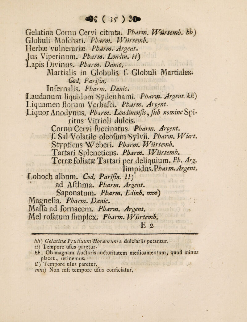 C 3f ) $0» Gelatina Cornu Cervi citrata. Pbarm. Wurtemb. bb) Globuli Mofchati. Pbarm. Wurtemb. Herbae vulnerariae. Pbarm. Argent. Jus Viperinum. Pbdrm. Londm. ii) Lapis Divinus. Pbarm. Danic. Martialis in Globulis f. Globuli Martiales. God, Parijin, Infernalis. Pbarm. Danic. Laudanum liquidum Sydenhami. Pbarm. Argent. kk.) Liquamen florum Verbafci, Pbarm. Argent. Liquor Anodynus. Pbarm. Londmenjis, jitb nomine Spi¬ ritus V’itrioli dulcis. Cornu Cervi fuccinatus- Pbarm. Argent. f. Sal Volatile oleofum Sylvii. Pbarm. Wurt. Stypticus Weberi. Pbarm, Wurtemb. Tartari Spleneticus. Pbarm. Wurtemb, Terrae foliatae Tartari per deliquium. Pb. Arg. limpidus. Pbarm. Argent, Lohoch album. Cod, Parijin. H) ad Afthma. Pbarm. Argent. Saponatum. Pbarm. Edmb, mm) Magnefia. Pbarm. Danic, : Malia ad fornacem. Pbarm. Argent. Mei rofatum limplex. Pbarm. Wurtemb. E 2 hli) Gelatirhe FruEluum Hor&orumd. dulciariis petantur. ii) Tempore ufus paretur. kk Ob magnam AuCtoris auctoritatem medicamentum , quod minus placet, retinemus. U) Tempore ufus paretur. mm) Non nifi tempore ufus conficiatur*