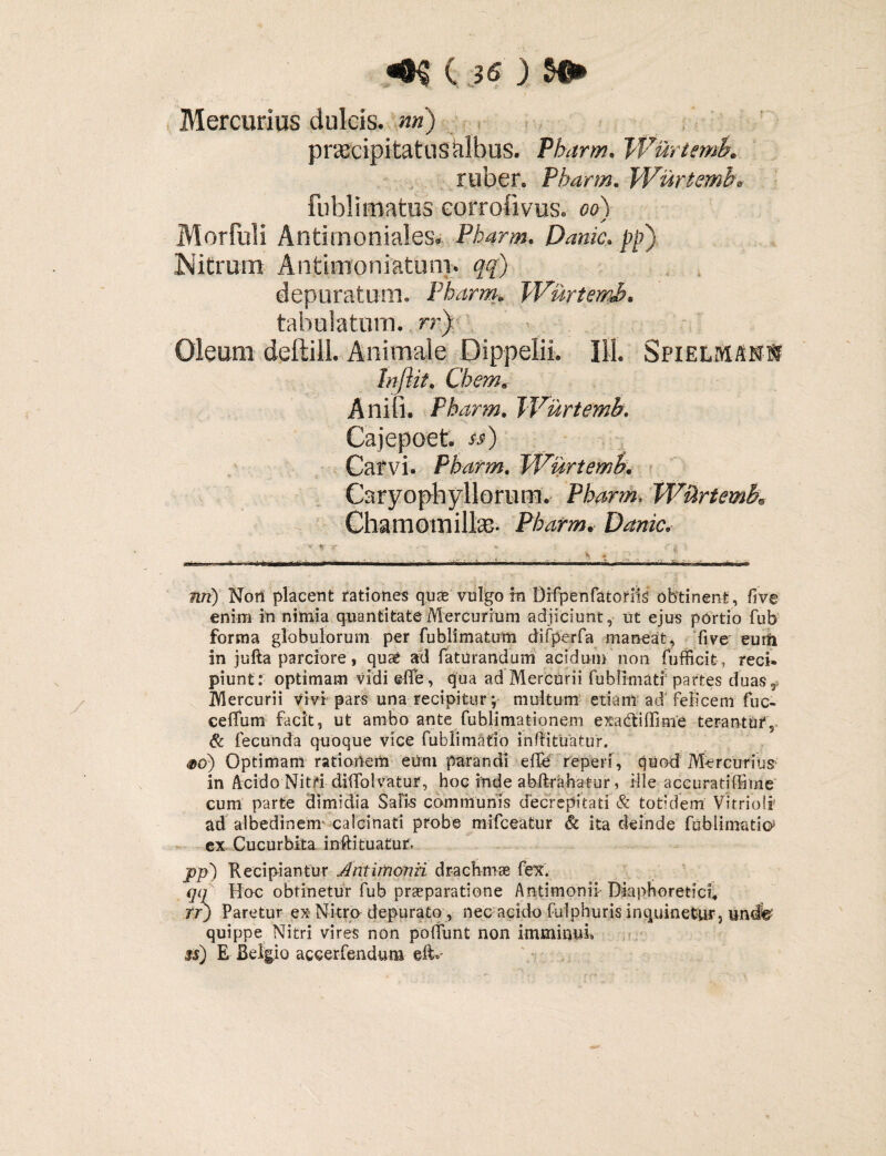 Mercurius dulcis, nn) praecipitatus klbus. Pharm. Wurtemb. ruber. Pharm. Wurtemb. fublimatus eorrofivus. eo) Morfuli Antiinoniales. Pharm. Danic. pp) Nitrum Antimoniatum. qq) depuratum. Pharm. Wurtemb. tabulatum, rr) Oleum deftiil. Animale Dippelii. 111. Spielmank Injiit. Chem. Anili. Pharm. Wurtemb. Cajepoet. «) Carvi. Pbarm. V/urtemb. Caryophyllorum. Pharm. WUrtemk Chamomillas. Pbarm.. Danic. « * f V ri ... ■' i-i-------■-—- ■ i i ni» i.i» nn) Non placent rationes quae vulgo in Difpenfatonis obtinent, fi ve enim in nimia quantitate Mercurium adjiciunt, ut ejus portio fub forma globulorum per fublimatum difperfa maneat, fi ve euili in jufta parciore, quae ad faturandum acidum non fufficit, reci¬ piunt: optimam vidi effe, qua ad Mercurii fubfimati partes duasf Mercurii vivi pars una recipitur\ multum etiam ad felicem fuc- cefliim facit, ut ambo ante fublimationern exadtiflime terantur 5> & fecunda quoque vice fublimatio inflituatur. a>o) Optimam rationem eum parandi e fle reperi, quod Mercurius' in Acido Nitri diflolvatuf, hoc inde abftrahatur, ille accuratiflime cum parte dimidia Salis communis decrepitati & totidem Vitri oli ad aibedinem calcinati probe mifceatur & ita deinde fub limatio ex Cucurbita inflituatur. jup) Recipiantur Antimonii drachmae fex qq Hoc obtinetur fub praeparatione Antimonii Diaphoretici, rr) Paretur ex Nitro depurato, nec acido fulphuris inquinetur, undo quippe Nitri vires non poflimt non imminui» ii) E Belgio accerfenduru elE-