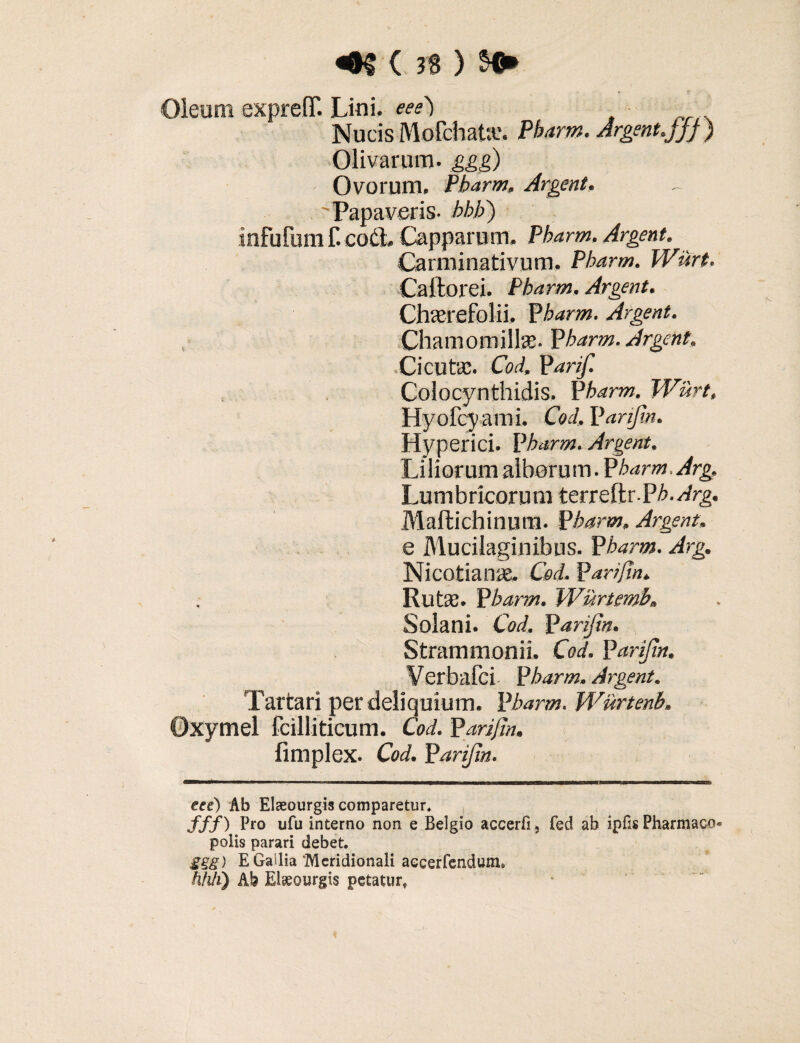 ( 3 8 ) Oleum expreflf. Lini, e e e') Nucis Mofchatie. Pbarm. Argent.Jjj ) Olivarum, ggg) Ovorum. Pbarm, Argent. 'Papaveris- bbbj snfufum f. codi. Capparam. Pbarm, Argent. r'n rm i n a tn/n m. Pbarm. Wisrt, Caitorei. Pbarm. Argent. Chtcrelblii. Pbarm. Argent. Chamomilla?- Pbarm. Argent. •Cicuta?. Cod. Parif. Colocynthidis, Pbarm. Wurt, Hyofcyami. Cod,Parifin. Hyperici. Pbarm. Argent. Liliorum alborum. Pbarm. Arg, Lumbricorum terreftrP/>./frg. Maftichinum. Pbarm. Argent. e Mucilaginibus. Pbarm. Arg. Nicotianae. Cod. Parijin. Rutae. Pbarm. Wurtmb, Solani. Cod. Parijin. Strammonii. Cod. Parijin. Verbafci Pbarm. Argent. Tartari per deliquium. Pbarm. Wiirtenb. Oxymel fcilliticum. Cod. Parijin. fimplex. Cod. Parijin. ece) Ab Eteourgis comparetur, fff) Pro ufu interno non e Belgio accerfi, fed ab ipfis Pharmaco¬ polis parari debet. ggg) E Gallia'Meridionali aecerfendum. hhli) Ab Elseourgis petatur.