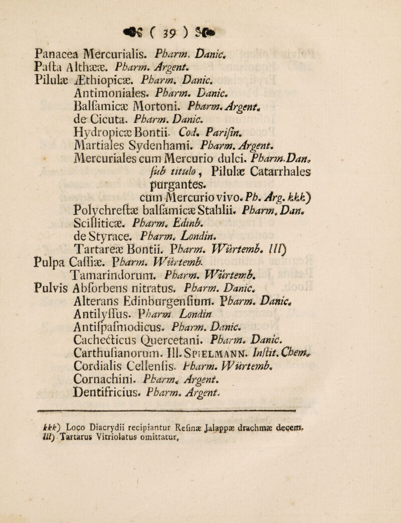 * Panacea Mercurialis. Pharm, Danic. Palla \ Ithacae. Pharm. Argent. Pilula; jEthiopicsc. Pbarm. Danic. Antimoniales. Pharm. Danic. Balfamicae Morioni. Pharm. Argent. de Cicuta. Pbarm. Danic. Hydropicae Bontii. Cod. Parifin. Martiales Sydenhami. Pbarm. Argent. Mercuriales cum Mercurio dulci. Pharm.Dan„ jub titula, Pilulae Catarrbales purgantes. cutn Mercurio vivo. Pb. Arg. kkki) Polychrefbe balfamiae Stahlii. Pbarm, Dan. Scilliticae. Pbarm. Edinb. de Styrace. Pharm. Londin. Tartarea; Bontii. Pharnt. Wurtemb. IU) Pulpa Calli ac. Pharm. Wurtemfa Taniarindorunl. Pharm. Wurtemb. Pulvis Abforbens nitratus. Pharm. Danic. Alterans Edinbnrgen fiunt. Pharm. Danic; AntilyfiTus. Pharm Londin Antifpafmodicus. Pharm. Danic. Cachecticus Quercetani. Pharm. Danic. Carthulianorem. I3LSpielm/\nn. Mlit. Chem0 Cordialis Cellenlis. Pharm, Wurtemb„ Cornachini. Pharm« Argent. Dentifricius. Pharm. Argent\ iekk) Loco Diacrydii recipiantur Refinae Jalappae drachmae decem? lll) Tartarus Yitrioiatus omittatur,