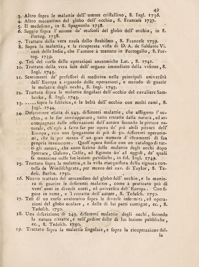 4P g. Altro (opra le malattie dell* umore cri fiali i no , 8. Ingl. 1736. 4. Altro mecanifmo del globo deli’ occhio, 8. Francefe 1737. 5. Il medefimo, in 8. Spagnuolo 1738. Saggio fopra I’ azione de’ mufcoli dei globo dell’ occhio, in 8» Portog. 1738. 7. Trattato della vera caufa dello Arabi (ino , 8. Francefe 173^. 8. Sopra la malattia, e la ricuperata villa di D. A. de Saldarne Vi. cere delle Indie, che l’autore à trattato in Portogallo, 8. Por¬ tog. 1739. ^ g. Teli del corfo delle operazioni anatomiche Lat. , 8. 1741. 10. Trattato della vera fede dell’organo immediato della vilione,8. Ingl. 1743. 11. Sentimenti de’ profefiori di medicina nelle principali univerfità dell’ Europa a riguardo delle operazioni, e metodo di guarir le malattie degli occhi, 8. Ingl. 1743. 12. Trattato fopra le malattie Angolari dell’occhio del cavaliere Sam- broke, 8. Ingl. 1743. 13. .....fopra la fabbrica, e la beltà dell’ occhio con molti rami, 8. Ingl. 1744. 14. Deferitone efatta di 243. differenti malattie, che affligono roc¬ chio, e le lue inviiuppature , tutte ritratte dalla natura , ed ac¬ compagnate dalle offervazìoni dell'autore fecondo le pitture na¬ turali , eh’ egli à fatto far per opera de’ più abili pittori dell5 Europa , con una fpiegazione di più di 50. differenti operazio- ni , che fa per mezzo d’ un gran numero d’ ift-romenti di fua propria invenzione. Quell’opera finifee con un catalogo di tut¬ ti gli autori, che anno fcritto delle malattie degli occhi dopo J poetate , Galeno, Gelfo, ed Eginete fin’ ad oggidì, de* tjuali fa menzione nelle fu e lezioni pubbliche, in fol. Ingl. 1747. 15. Trattato fopra la malattia,e la villa riacquifiata della signora con¬ tesa de Windifchgratz, per mezzo dei cav. di Taylor, 8. Te- defe. Berlin. 1750. 160 Nuovo trattato del mecanifmo del globo dell’ occhio, e la manie¬ ra di guarire le differenti malattie , come à praticato piu di ventanni in diverfe corti, ed univerlìtà dell’Europa. Con fi¬ gure in rame, e ’l ritratto dell’autore, 8. Tedefch. 1750. 17. Tefi di un corfo anatomico fopra le diverfe infermità, ed opera¬ zioni del globo oculare , e delle di lui parti contigue, ec. , 8a Tedefch. 1750. 28. Una definizione di 243. differenti malattie degli occhi , fecondo la natura ritratte, e nell’ordine'delle di lui lezione pubbliche, ec., 8. Tedefch. 1750. 19, Trattato fopra la malattia Angolare, e fopra la ricuperazione del* la