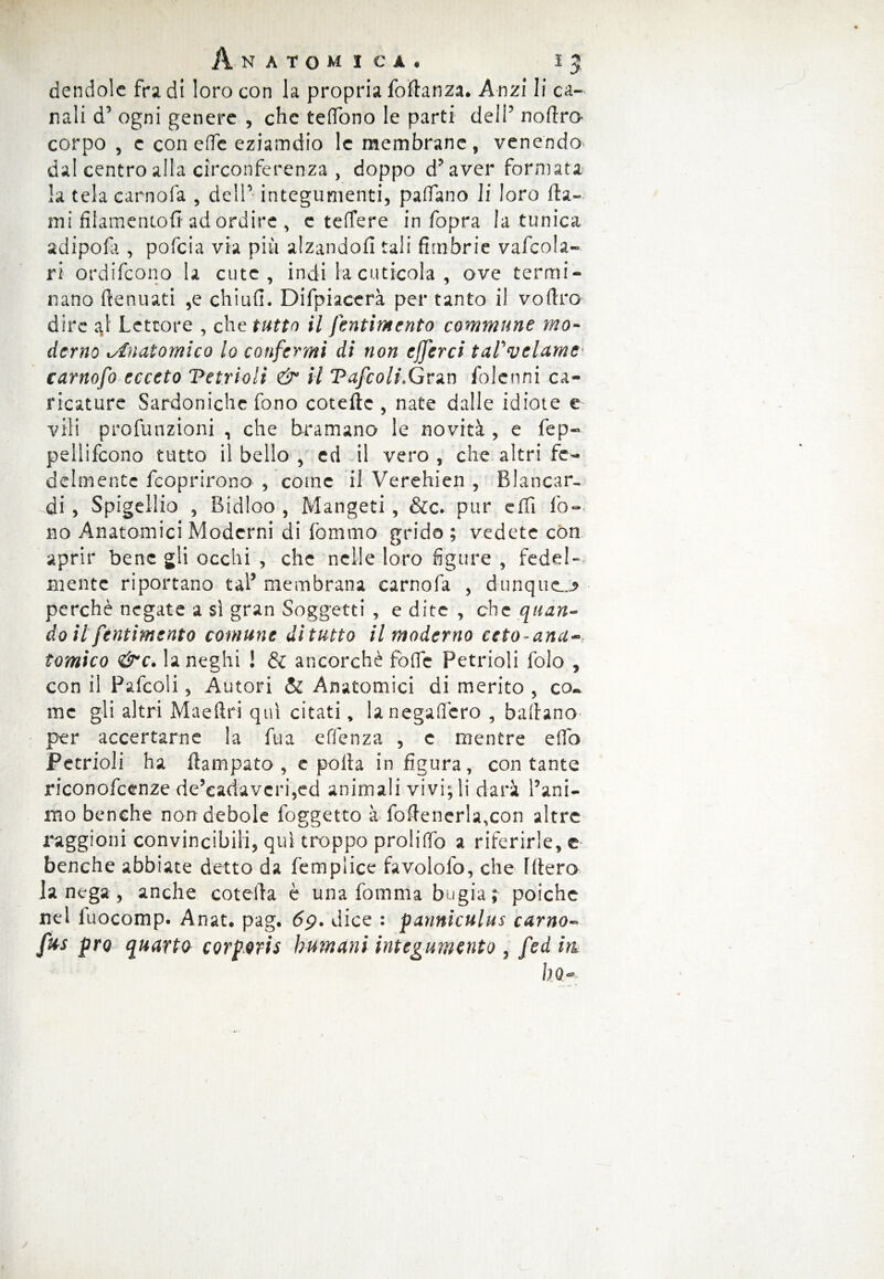 dendolc fra di loro con la propria foflanza. Anzi li ca¬ nali d° ogni genere , che teftono le parti deli5 nofiro corpo , c con effe eziamdio le membrane, venendo dal centro alla circonferenza , doppo d’aver formata la tela camola , dell0 integumenti, padano li loro Ita¬ mi fiiamentofi ad ordire , e tefFere in fopra la tunica adipofa , pofeia via piu alzandoli tali fimbrie vafcola-- ri ordifeono la cute, indi la cuticola , ove termi¬ nano ftenuati ,e chiufi. Difpiacerà per tanto il vofiro dire Lettore , che tutto il pentimento commune mo¬ derno tAnatomico lo confermi di non efferci taTvelamc carnofo ecceto Vetrioli & il Vafcoli,Gran folcimi ca¬ ricature Sardoniche fono coteftc , nate dalle idiote e vili profunzioni , che bramano le novità , e fep- peilifcono tutto il belio , ed il vero, che altri fe¬ delmente feoprirono , come il Verehien , Blancar- di , Spigellio , Bidloo , Mangeti, &c. pur elfi fo¬ no Anatomici Moderni di fornaio grido; vedete con aprir bene gli occhi , che nelle loro figure , fedel¬ mente riportano taf membrana carnofa , dunque^ perchè negate a sì gran Soggetti , e dite , che quan¬ do il féntimento comune di tutto il moderno ceto~ana~, fornico <&c* la neghi ! & ancorché fofle Ferrioli folo , con il Pafcoli, Autori & Anatomici di merito , co« me gli altri Mae Ari qui citati, lanegaffero , badano per accertarne la fua effenza , c mentre elfo Ferrioli ha Campato, e polla in figura, contante riconofcenze de’carìavcri,ed animali vivi; li darà l’ani¬ mo benché non debole foggetto à fofienerla,con altre loggióni convincibili, qui troppo prolilfo a riferirle, e benché abbiate detto da femplice favololo, che filerò la nega, anche cotefta è una fomma bugia; poiché nel fuocomp. Anat. pag. 69. dice : panniculus carno- frn prò quarto corporis bumani integumento , fed in ho- y