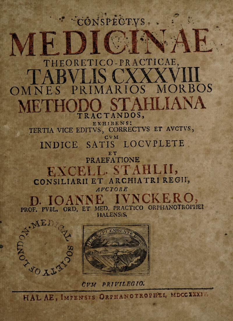 THEORETICO-PR ACT1CAE, 'STA„ ..111 ‘ 111 OMNES PRIMARIOS MORBOS METHODO STAHLIANA TRACTANDOS, exhibens: TERTIA VICE EDITVS, CORRECTVS ET AVCTVS, C V M INDICE SATIS LOCVPLETE ET PRAEFATIONE __ EXCELL. STAHLII, CONSILIARII ET ARCHIATRI REGII, AFCTORE D- IO ANXE IVNCKERO, PROF. PVBL, ORD. ET MED. PRACTlCO ORPHANOTROFHEI HALENSiS. o- p % o m o cfm ptuvtlegio: HAL AE, Impensis Orphanotrophii^ mdccxxxsa