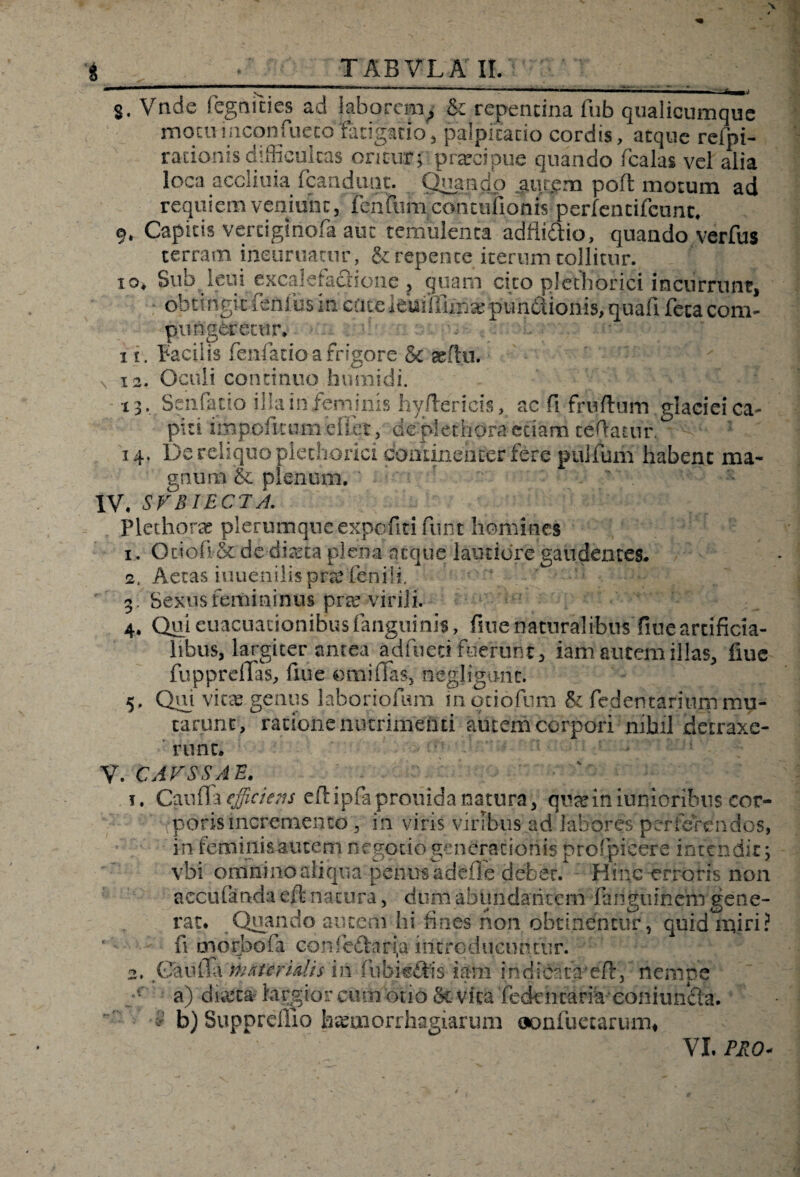 ^m %. Vnde fcgnicics ad laborem^ & rejpentina fub qualicumque motumeonfueeoFatigatio, palpitatio cordis, aeque refpi- rationis difficultas oritur; praei pue quando fcalas vel alia loca accliuia fcandunt. (Juando aurpm poft motum ad requiem veniunt, fenfum concufionis perfentifcunc, 9* Capitis verciginofa aut temulenta adfliaio, quando verfus terram ineuruatur, & repente iterum tollitur. 10. Sub leui excalefacHone , quam cito plethorici incurrunt, obtingit fenius m cate leufiiiipse punctionis, quafi feta com¬ pungeretur, 11. Facilis fenfacioa frigore & asftu. N 12. Oculi continuo humidi. 13. Scrifatio illairtjferninis hyftericis, ac fi frudum glaciei ca¬ piti ifcpoficumefiet, dcplethora etiam tegatur. 14. De reliquo plethorici comineiater fere pulfum habent ma¬ gnum & plenum. IV, SVBIECTA. Plethora plerumque expefiti funt homines 1. Otiofi&dcdneta plena atque lautitire gaudentes. 2. Aetas iuuenilisprafenili. 3. Sexus femininus pra virili. 4. Qui euacuationibus fanguinis, fine naturalibus fiue artificia¬ libus, largiter antea adfueei fuerunt, iam autem illas, fiue fuppreflas, fiue ©miflas, negligunt. 5. Qui vitee genus laboriofum m otiofum & fedentarinm mu¬ tarunt, ratione nutrimenti autem corpori nihil detraxe¬ runt. V. CAVSSAE. 1. Cauflaefficiens eftipfaprouida natura, qirainiunioribus cor- ' - ^porisincremento, in viris viribus ad labores perferendos, in feminis autem negotio generationis profpicere intendit ; vbi omnino aliqua penus adefle debet. Hinc erroris non accufanda eft natura, dum ahlmdancem fanguinem gene¬ rat. Quando autem hi fines non obtinentur, quid miri? fi mopbofa confedarpa hltrodueuntiir. 2. Gaufla 'materialis in fbbie£Ms iam indfecVefh nemne _*f a) diaeta rargior cum otio St vita feden caria eoniuncia. f b) Supprdlio hseuiorrhagiarum oonfuetarum*