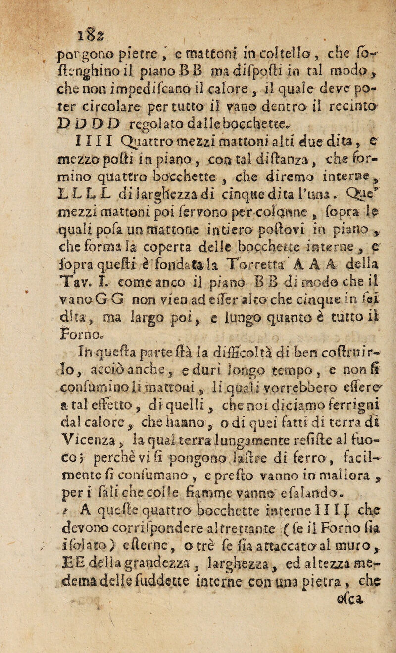 l8« porgono pietre , e mattoni in coltello , che fò-- fbnghinoil piano 8 B ma difpqffi in tal modo, che non impedifcano il calore 5 il quale deve po¬ ter circolare per tutto il ?ano dentro il recinto- D D D D regolato dalleboccheue. 1111 Quattro mezzi mattoni alti due dita, e mezzo podi i n piano, con tal dilìanza, che for¬ mino quattro bocchette , che diremo interne , LLLL di larghezza di cinque dita Ernia. Q^ep mezzi mattoni poi fervono per col atine 9 (opra le quali pois. un martoria intiero poderi in piano , che forma la coperta delle bocchette interne , e fopra quelli è fondatala Torretta A A.A della Tav. I. come anco ii piano B B di modo che il vano G G non vien ad tìTer alto che cinque in lei dltsr., ma largo poi* e lungo quanto è tutto ii Forno* In quella parte fià la difficoltà di ben coftruir- !o , acciò anche s e duri ìpngo tempo, e non fi' coniammo li .mattoni % 1 iquali vorrebbero edere' & tal effetto , di quelli , che noi diciamo ferrigni dal calore , che haano 5 o di quei fatti di terra di Vicenza, la qual terra lungamente refifte ai fuo¬ co? perchè vi (i pongono ladre di ferro,, facil¬ mente li coniumano , e predo vanno in niallora , per i Tali che coile fiamme vanno efalando- t A quelle quattro bocchette interne 111 £ che devono corrifpondere altrettante (fe il Forno da ì folata ) efterne, o tre fe da attaccato al muro, EH della grandezza , larghezza , ed altezza me¬ de ma delle [addette interne con una pietra * che