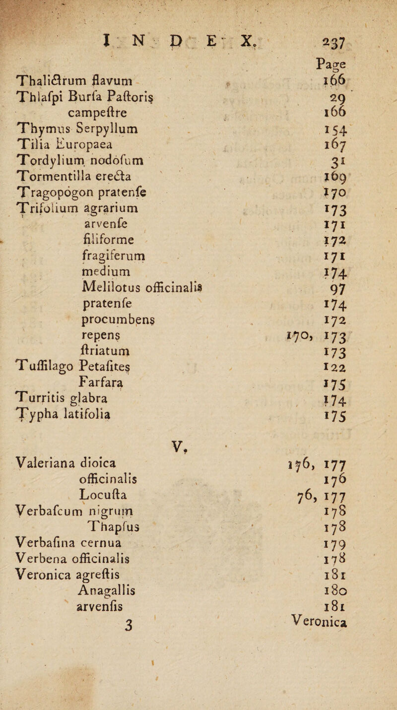 Page Thali&rum flavum ’ 166 Thlafpi Burfa Paftoris 29 campeftre 166 Thymus Serpyllum * ?; 154 Tilia Europaea 167 Tordylium nodofum 31 Tormentilla ere&a 169 Tragopogon pratenfe 170 Trifolium agrarium T73 arvenfe 171 filiforme 172 fragile rum 171 medium ?74 Melilotus officinalis 97 pratenfe 174 procumbent n 172 repens 170, 173 ftriatum 173 Tuffilago Petafites 122 Farfara 175 Turritis glabra *74 Typha latifolia v, *75 Valeriana dioica 176, 177 officinalis 176 Locufta \ 76> *77 Verbafcum nigrum I78 Thapfus * I78 Verbafina cernua 179 Verbena officinalis 178 Veronica agreftis i l8l Anagallis ISO arvenfis l8l 3 Veronica