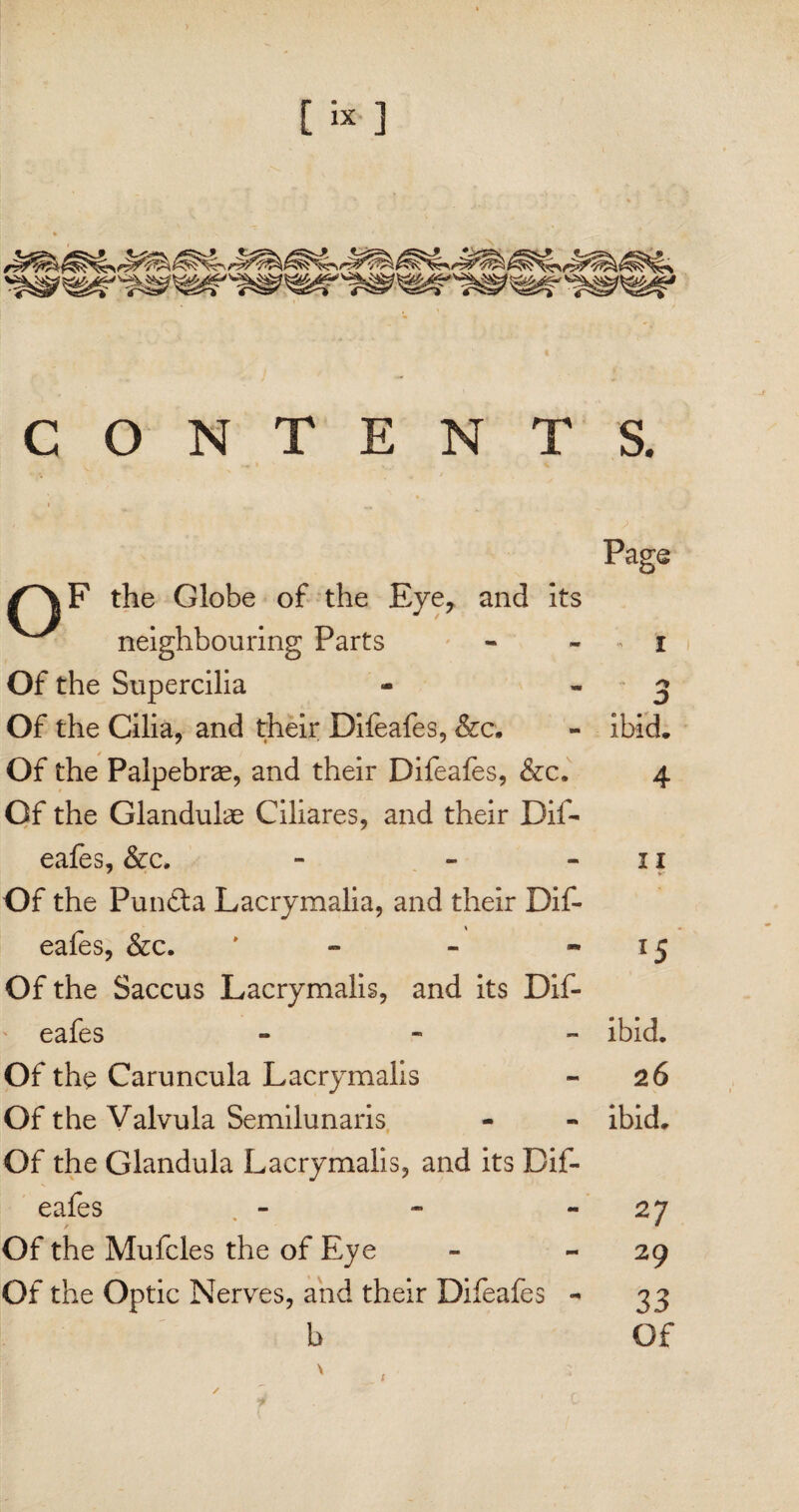 [is] CONTENTS. /^\F the Globe of the Eye, and Its ^ neighbouring Parts Of the Supercilia Of the Cilia, and their Difeafes, &c. Of the Palpebr^, and their Difeafes, &c. Of the Glandulae Ciliares, and their Dif¬ eafes, &c. - - Of the Pundta Lacrymalia, and their Dif¬ eafes, &c. ' Of the Saccus Lacrymalis, and its Dif¬ eafes - Of the Caruncula Lacrymalis Of the Valvula Semilunaris Of the Glandula Lacrymalis, and its Dif¬ eafes Of the Mufcles the of Eye Of the Optic Nerves, and their Difeafes - fv| I k&i • b Page i 3 ibid. 4 11 15 ibid. 2 6 ibid. 2 7 29 33 Of /