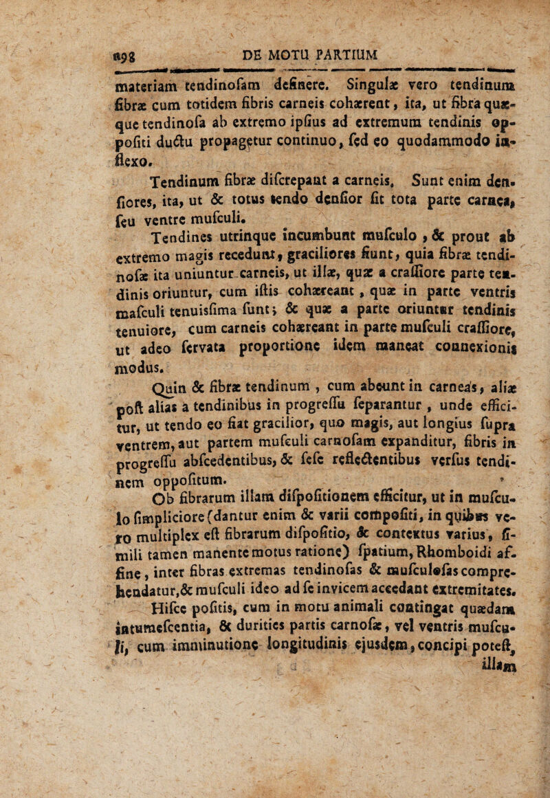 materiam tetsdinofam dcfinere. Singulac vero tendsmim fibrae cum totidem fibris carneis cohaerent, ita, utfibräqu*- quc tendinofa ab extremo ipfius ad extremura tendinis op- pofiti du&u propag^tur continuo, fed eo quodammodo in- flexo. Tendinum fibr« difcrepant a carneis, Sunt enim den» fiores, ita, ut 3c totus tendo dcnfior fit tota parte caraea* fcu ventrc mufculi. Tendines utrinque incumbunt mufculo , 3c prout ab extremo magis receduni f graciliores fiunt, quia fibrae: tendi- nofae ita uniuntur carneis* ut ilfae, quac a craüiore parte tea- dinis oriunturf cum ifiis cohacceant, quas in parte ventris mafeuli tenuisfima funt> & qu» a parte ariuntar tendinis tenuiore, cum carneis cohaereant in parte mufculi crafiiore, ut adco fervata proportionc idem raaneat connexionia modus. Quin 3c fibrae tendinum ? cum abeunt in carnea's> aliae poft alias a tendinibus in progrefiu feparantur , unde effici- tur, ut tendo eo fiat graciiior, quo magis, aut longius fupra ventrem, aut partem mufculi carnofam expanditur, fibris ia progrefiu abfeedentibus, 3c fefc refleftentibus verfus tendi« nem oppofitutn. . * . Ob fibrarum illam difpofidonem effidcur, ut in mufeu- lo fimpliciorefdantur enim 3c varii compofid, in qfiibss ve- ro multiplex eß fibrarum difpofitio, 3c contextus varius, fi- mili tarnen manentemotus ratione) fpatium, Rhomboidi af¬ fine , intet fibras extremas tendinofas Icmufculöfascompre- hendatur,3c mufculi ideo adfeinvicemaccedant extremitates. ... Hifcc pofids, cum in motu animali coatingac quaedan* intumefeentia, 6c duritics pards carnof«, vel ventris mufcu¬ li, cum immimmone longitudinis ejusdem, concipi poteft, j v