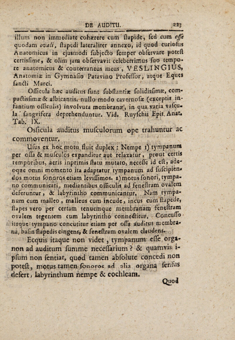 DE AUDTTU. 2*J „1.1 -1,. » I- ^.u, I II «rn»,. T I ■ ■■ — »».,»«,-I- - - I» *■«*■■■» »«■III..I—M.. iJium non immediate cohasrere: cum flapide* fed cura cße quodam ovali, flapedi lateraliter ännexö, id cjuod euriofus Änatomicus in ejusrnödi ftibje&ö femper obfervare potcil ccrtishme* & oiim jant obfemvit cdeberrimus fuo tempo* rc anatomicus 6c CODterraneus meus , VESLINGIUS* Anatomie in Gymnafiö Patavino Profsffbr * suqu< Eques fand! Marci. Oilicula haec aüdkus Tunt fubftantlae com- padisfim«e& albicamis5 nullö modo cavernofae (exceptis in- fantium officulis) involvuta membranse* in qua varia vaicu- la 5 fangvifcra deprehcnduntur, Vid* Ruyfchii JEpit. Anaf# Tab. IX. Osficula aüditüs mufculorum ope trahuntur ac commoventur, Ufas ex hoc motu fluit duplex : Hcmpe i) tympanum per offa 6c mufculqs expanditur aut relaxatur * preut certis temporibus? aeris inprimis ftatu mutato, neceffe id eft» ade- eqae omni momento ita adaptatur tympanum ad iufcipicn* dos motus fonoros etiam levißimos. l) motus fonori, tyropa- no communicati, mediantibus ojficulis ad feneftram ovalem deferuntur, 6c labyrintho cptnrounicantpr. Ham tympa- nura cum malleo* malleus cum mcude> incus cum Käpcde* ftapes vero per certam tenuernque membranam feneftram ovalem tegentem cum labyrintho conneilitur, -.Concüffo ' itaque tympano concutitur etiam per offa auditps membra- na, bahn ftapsdis cingens* & feneftram ovalem ekudens. Ecquis itaque non videt, tympanum cfle.orga- nonadauditum fumme neceffarium ? & quamvis i- pftim non fentiar, quod tarnen abfolute concedi non poteft 5 motus tarnen fbnoros ad aKa organa ftnlus dcfert , labyrinthum nempc & cochleam.
