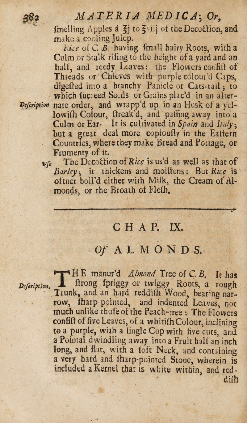 fmeliing Apples d fj to |v'iij ot the Deception, and make a . cooling Julep. Rue of C B having fmaU hairy Roots* with a Culm or Stalk riling to the height of a yard and an halt, and reedy Leaves: the Flowers corifilt of Thieads or Chieves with purple colour’d Caps, digefted into a branchy Panicle or Cats-tail 5 to which fucceed Seeds or Grains plac'd in an alter- Definition nate order, and wrapp'd up in an Husk of a yel— lowifh Colour, ftreak'd, and palling away into a Culm or Ear* It is cultivated in Spain and Italy-, but a great deal more copioufly in the Ealtern Countries, where they make Bread and Pottage, or Frumenty of it. vfi The DecoQion of Rice is us'd as well as that of Barley * it thickens and moiftens: But Rice is oftner boil'd either with Milk, the Cream of Al¬ monds, or rhe Breath of Flelh, CHAP. IX. Of ALMONDS. TH E manur'd Almond Tree of C B, It has foong fpriggy or twiggy Roots, a rough • Trunk, and an hard reddilh Wood, bearing nar¬ row, fharp pointed, and indented Leaves, not much unlike thofeofthe Peach-rree : The Flowers confift of five Leaves, of a whitifh Colour, inclining to a purple, wub a fingle Cup with five cuts, and a Pointal dwindling away intoa Fruit half an inch long, and flit, with a loft Neck, and containing a very hard and (harp-pointed Scone, wherein is included a Kernel that is white within, and red-