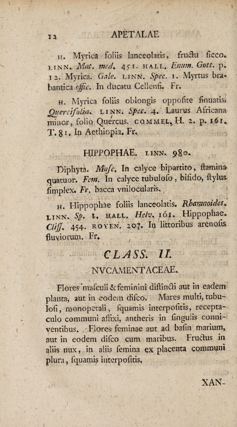 i3 APETALAE iu Myrica foliis lanceolntis, fructu fleco* iviNN*. Nlat. mccU 451. hall. Enum. Gott. p. 1 2, Myrica. Getle, ljnn. Spec, 1. Myrtus bra«- bantica offic. In ducatu Cellenfi. Fi% 't h. Myrica foliis oblongis oppofite firmatis* Quercifolm* unn. Spec. 4. Laurus Africana lrdnOr, foliq Quercus, co.mmel^ FI. 2. p. 16 r, T. g 1 ♦ In Aethiopia. Fr, HIPPOPHAE, linn« 980. Diphyta. Maje. In calyce bipartito, femina» quatuor. Fem. In calyce tubulofo, bifido, ftylus fimplex. JFV, bacca vniloculark ! h. Hippophae foliis lanceolatis. TFhcwiiioides* X.inn» % 1« H.ALL, Helv\ 161. Hippophae* Cliff\ 454» ro v en. 207. In littoribus arenofis fluviorum, Fr, CLASS: II NVCAMENTACEAE.. Flores mafculi & feminini diftincii aut in eadem planta, aut in eodem difeo. Mares multi, tubu- lofi, monopetali, fquamis interpofitis, recepta¬ culo communi affixi, antheris in Angulis cotini- ventibus. Flores feminae aut ad balin marium, aut in eodem difeo cum maribus. Fru&us in aliis nux, in aliis femina ex placenta communi plura, fquanfis interpofitis, / ■' /' ■’ ‘ {, - , f j* XAN- ( 'i/