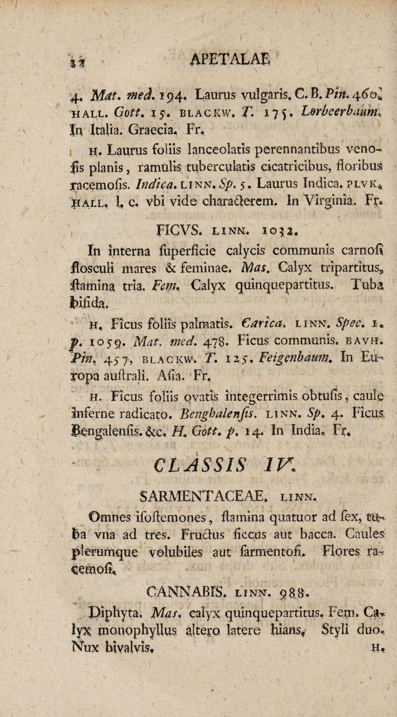 li APETALAB 4, Mat. med. 194. Laurus vulgaris. C. B. Pitu 460* hall. Gott. 15. blac kw, T. 17), Lorbcerbaum* In Italia. Graecia, Fr, ii. Laurus foliis lanceolatis perennantibus veno- iis planis, ramulis tuberculatis cicatricibus, floribus yacemofis. Indica, linn. Sp. 5. Laurus Indica, plvk^, hall. 1. c. vbi vide charaflerem. in Virginia. Fr« ? ■■ - ! , FICVS. linn. 1032. In interna fiiperficie calycis communis carnofi flosculi mares & feminae. Mas. Calyx tripartitus, flamina tria. Fm* Calyx quinquepartitus. Tuba h. Ficus foliis palmatis. Carica, linn. Spec. 1. p. io59. Mat. med. 478. Ficus communis, bavh. Pitu 457 , b l a c kw'. T. 12,5. Feigcnbaum. In Eu¬ ropa auftrali. Afla. Fr. ' ' f > ' . I . • • , - I h. Ficus foliis ovatis integerrimis obtufls, caule Inferne radicato. Benghaienfis. linn. Sp. 4. Ficus, Bengalenfis. &c, H. Gott. p. 14. In India, Fr. CLASSIS IV,; SARMENTACEAE. linn.. Omnes ifoflemones, flamina quatuor ad fex, t?u-- ba vna ad tres. Frudus flccus aut bacea. Caules plerumque volubiles aut farmentofi. Flores ra- cemof?. CANNABIS, linn. 988. Biphyta. Mas. calyx quinquepartitus. Fem. Ca^ lyx monophyllus altero latere hians,' Styli duo» Nux hivalvis, H*