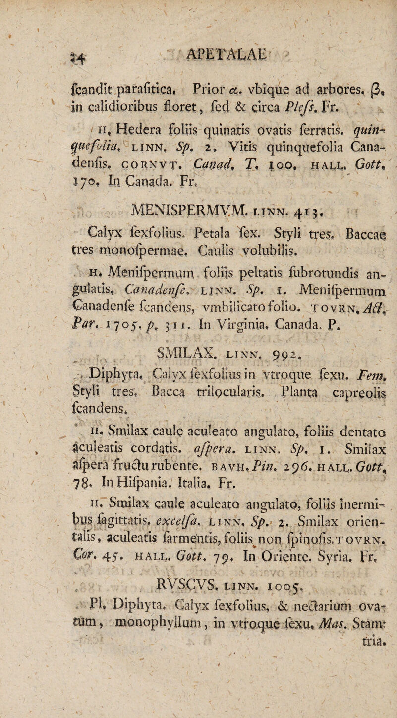 APETALAE fcandlt paralitica, Prior a. vbique ad arbores. (3, in calidioribus floret, fed & circa Plejs. Fr. h, Hedera foliis quina,tis ovatis ferratis, quin¬ quefolia. linn. Sp. 2, Vitis quinquefolia Cana- denfls, cornvt. Canad. T. joo, hall, Gott, 170. In Canad a. Fr, MENISPERMVM. linn. 413, Calyx fexfolius. Petala fex. Styli tres. Baccae tres monolpermae. Caulis volubilis. h* Menifpermum foliis peltatis fubrotundis an¬ gulatis. Canadenfe, linn. Sp. 1. Menifpermum Canadenfe fcandens, vmbilicato folio. TovRN,i(?, Par, 1705. p, 311. In Virginia, Canada. P. SMILAX, linn. 992, .> Diphyta. Calyx fexfolius in vtroque fexu. Fem, Styli tres, Bacca trilocularis. Planta capreolis fcandens, h, Smilax caule aculeato angulato, foliis dentato Aculeatis cordatis, afpera. linn. Sp. 1. Smilax afpera fru£lurubente, bavh./V». 296. hall, Gott% 78* InHifpania. Italia, Fr. h, Smilax caule aculeato angulato, foliis inermi¬ bus fagittatis, excelfa. linn, Sp. 2, Smilax orien¬ talis, aculeatis farmentis,foliis^non Ipinofls.TovRN, Cor,, 45. hall. Gott, 79, In Oriente. Syria. Fr, RVSCVS. LINN. 1005, Pl, Diphyta. Calyx fexfolius, & nefarium ova-? tum, monophyllum, in vtroque fexu. Mas. Stam: tria.