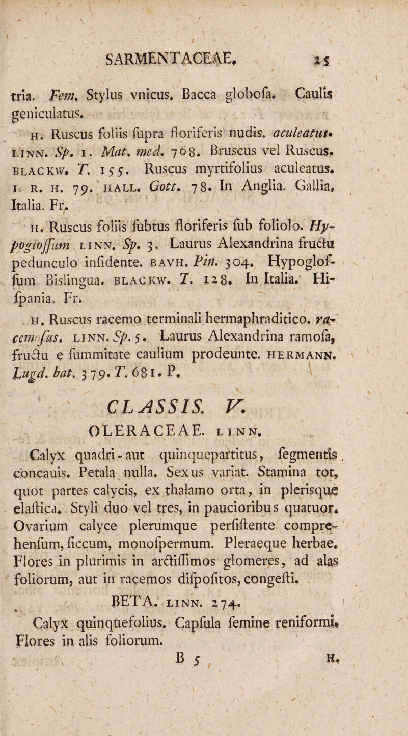 SARMENTACEAE, * s tria. Fem. Stylus vnicus, Bacca globofa. Caulis geniculatus. h. Ruscus foliis fupra floriferis nudis, aculeatus• linn. Sp. i. Ato. med. 768. Bruscus vel Ruscus. blackw. T. 155. Ruscus myrtifolius aculeatus. 1. r. h. 79. hall. Gc/f/. 78. In Angiia. Gallia, Italia. Fr. ; h. Ruscus foliis fubtus floriferis fub foliolo. Hy~ pogiojjfum linn. Sp. 3, Laurus Alexandrina fru&u pedunculo infidente. bavh. Pin. 304, Hypoglof- fum Bislingua. blackw. X. 128. In Italia.' Hi- _ ^ - * - * fpania. Fi\ h. Ruscus racemo terminali hermaphraditico. ra? cerno fus. linn. Sp. 5. Laurus Alexandrina ramofa, fruciu e fummitate caulium prodeunte. hermann, Lugd. bat. 379. T. 681. P. ' CLASSIS. V. OLERACEAE, linn. Calyx quadri - aut quinquepartitus, fegmentis concauis. Petala nulla. Sexus variat. Stamina tot, quot partes calycis, ex thalamo orta, in plerisque elaifica. Styli duo vel tres, in paucioribus quatuor. Ovarium calyce plerumque perfiftente compre- henfum, ficcum, monofpermum. Pleraeque herbae. Flores in plurimis in ar&iflimos glomeres, ad alas foliorum, aut in racemos difpofitos, congefli. BETA. linn. 274. ». 71 Calyx quinquefolius. Capfula femine reniformi* Flores in alis foliorum. ' B 5 H. • 3 /