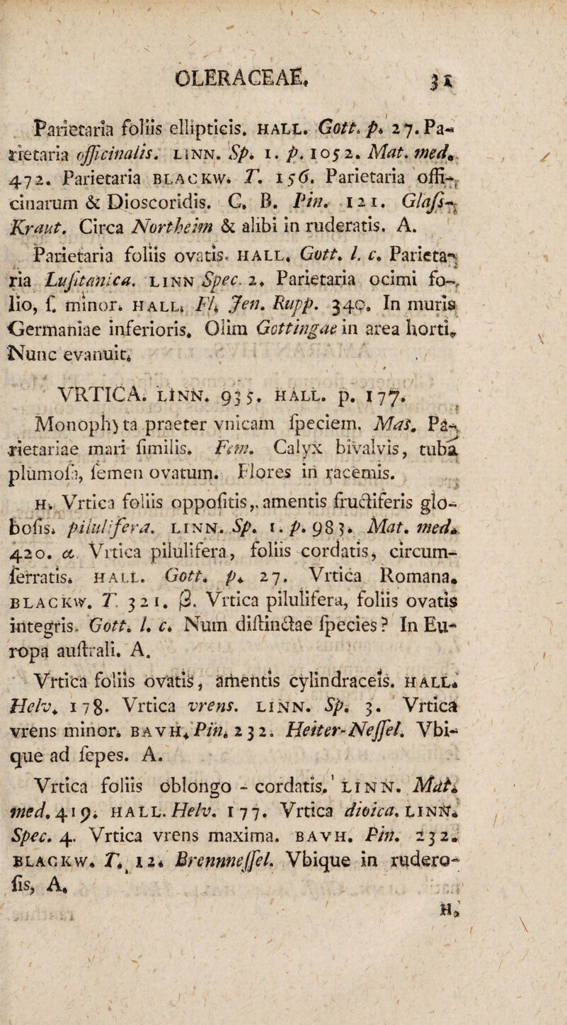 Parietaria foliis ellipticis, hall. Gott> p* zy.Pa** rretaria ojjicinalis. linn. Sp. 1. p. 1052. Mat. med* 472. Parietaria blackw» T. 1 $6. Parietaria offi¬ cinarum & Dioscoridis. C. B. Vin. 121. Glafi-v Kraut. Circa Northern & alibi in ruderatis. A. Parietaria foliis ovatis, hall. Gvtt. l. c. Parieta-*; ■ ♦ ria LuJit emica. linn Spec. 2. Parietaria ocimi fo~, lio, f. minor* hall» FU Jen. Rupp, 340. In muris Germaniae inferioris. Olim Gcttingae in area horti» Nunc evanuit* 4 VRTICA. LlNN. 935. HALL. p. I 77, Monoph)ta praeter vnicam fpeciem. Mas. Pa* ■rietariae mari fimilis. Fan. Calyx bivalvis, tuba plumofa, femen ovatum. Plores in racemis. H* Vrtica foliis oppolitis,. amentis frucliferis glo- bofs* pilulifera. linn. Sp. i.p. 983* Mat.med* 420. ct Vrtica pilulifera, foliis cordatis, circum- ferratis* hall. Gott. p♦ 27. Vrtica Romana. blackw. T 321. j3. Vrtica pilulifera, foliis ovatis integris. Gott. I. c* Num dillindae fpecies ? In Eu¬ ropa auftrali. A. , Vrtica foliis ovatR, artientis cylindraceis. hall* Helv. 11%. Vrtica vrens. linn. Sp. 3. Vrtica vrens minor* bavh*Pitit, 2 3 2. Heiter-Nejfel. Vbi- que ad fepes. A. Vrtica foliis oblongo - cordatis.' linn. Miih ined. 419. hall. Helv. 177. Vrtica dioica. linn. Spec. 4. Vrtica vrens maxima, bavh. Pin. i32. blackw. T* ii* Brcnnnejfel. Vbique in rudero- fis, A,