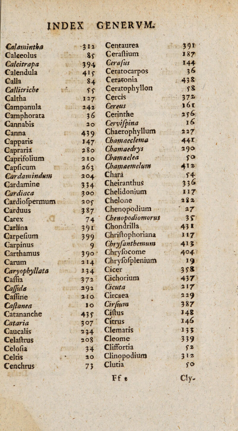 Calamwtha -312 Centaurea 391 Calceolus Sf Ceraftium 187 Calcitrapa 594 Cerafus 144 Calendula 41^ Ceratocarpos 36 Calla 84 Ceratonia 438 CaMtricbe if Ceratophyllon f» Caltha 127 Cereis 372 Campanula 242 Cereus i6r Camphorata 36 Cerinthe 2f6 Cannabis 20 Cervifpina l£ Canna 439 Chaerophyllum 22? Capparis Capraria J47 Cbamaecletna 441 280 Chamaedrys 290 Caprifolium 210 Chamaeleo, yo C apii cum 263 Chamaemelum 41 % Cardamittduin 204 Chara >4 Cardamine 5 34 CheiranthuS Cardiaca 300 Chelidonium nr Cardiofpermum 20f Chelone 282 Carduus 387 ChenQpodium * 27 Carex 74 ‘ Cbenopodiomorus 3T Carlina 391 Chondrilla 4?1 Carpehum Carpinus 399 Chriftophoriana 117 9 Chryfantbernum 415 Carthamus 39°1 Chrylocome 404 Carum 214 Chryfolplenium 19 Caryopbyllata 134 Cicer 3f« Caflra 3 72 Cichorium 437 Cajftda 292 Cicuta 217 Cafiirie 210 Circaea 229 Cajlanea 10 Cir/iutn 387 Catananche 43f Cillus J4S Cataria 307 Citrus 146 Caucalis 234 Clematis 133 Celaftrus 208 Cleome 339 Celolia 34 Cliffortia Celtis 20 Clinopodium 312 Cenchrus 73 Clutia Ff e fo Cly-