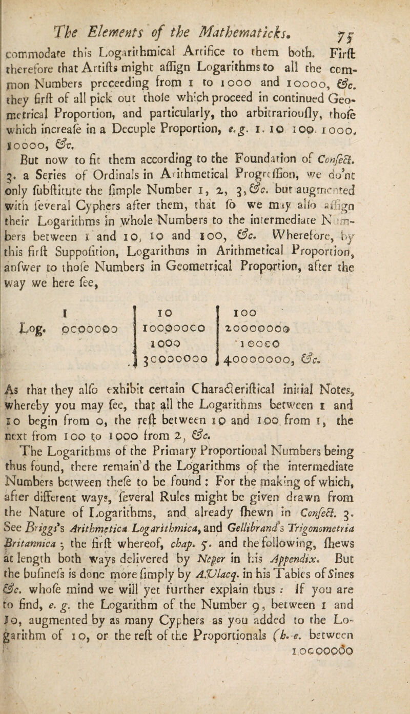 commodate this Logarithmical Artifice to them both. Firft: therefore that Artifts might affign Logarithms to all the com¬ mon Numbers proceeding from i to 1000 and ioooo, (3c. they firft of all pick out thole which proceed in continued Geo¬ metrical Proportion, and particularly, tho arbitrarioufly, rhofe which increafe in a Decuple Proportion, e,g. i. io 100 i ooo, ioooo, But now to fit them according to the Foundation of Confect. g, a Series of Ordinals in A-ithmetical Progrcffion, we do?nc only fubftityte the fimple Number i, %, ^y(3c. bur augmented with federal Cyphers after them, that lb we may alio aftjgo their Logarithms in whole Numbers to the intermediate N Ta¬ bers between I and IO, IO and ioo, (3 c. Wherefore, by this firft Suppofirion, Logarithms in Arithmetical Proportion, anfwer to thofe Numbers in Geometrical Proportion, after the way we here fee, L I Log. QCQOCOD - *' , , IO ioopooco IQOO gcoooooo I 00 2000000® ,-i©oco 40000000, As that they alio exhibit certain Chara£lenftical initial Notes, whereby you may fee, that all the Logarithms between 1 and io begin from o, the reft between 10 and 100 from 1, the next from 100 to 1000 from 2, (3c. The Logarithms of the Primary Proportional Numbers being thus found, there remain'd the Logarithms of the intermediate Numbers between thefe to be found : For the making of which, after different ways, feveral Rules might be given drawn from the Nature of Logarithms, and already (hewn in Confe&t. 5. See Briggs's Arithmetica Logarithmica, and Gelltbrand 3 Trigonometria Britannica ^ the firft whereof, chap* 5. and the following, ffiews at length both ways delivered by Aleper in his Appendix. But the bufinefs is done more (imply by A.Vlacq. in his Tables of Sines (3c. whole mind we will yet further explain thus If you are to find, e. g. the Logarithm of the Number 9, between I and Jo, augmented by as many Cyphers as you added to the Lo¬ garithm of io, or the reft of the Proportionals (b. e. between i.ocooodo I