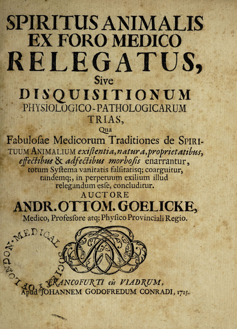 SPIRITUS ANIMALIS EX FORO MEDICO RELEGATUS, Sive DISQUISITIONUM PHYSIOLOGICO - PATHOLOGICARUM TRIAS, Qua Fabulolae Medicorum Traditiones de Spiri¬ tuum Animalium exiftentia^natura,froprietatibus^ effetttbw & adfeciibus morbofis enarrantur, totum Syftema vanitatis fallitatisq; coarguitur, tandemq;, in perpetuum exilium illud relegandum esfe, concluditur. AUCTORE ANDR. OTTOM. GOELICKE, Medico, Profesfore atq; Phylleo Provinciali Regio. Q a V*. n Tr,- > * * -0(JNCOFURT1 cis VUDFJ/M, Apud%)HANNEM GODOFREDUM CONRADI, 1725.