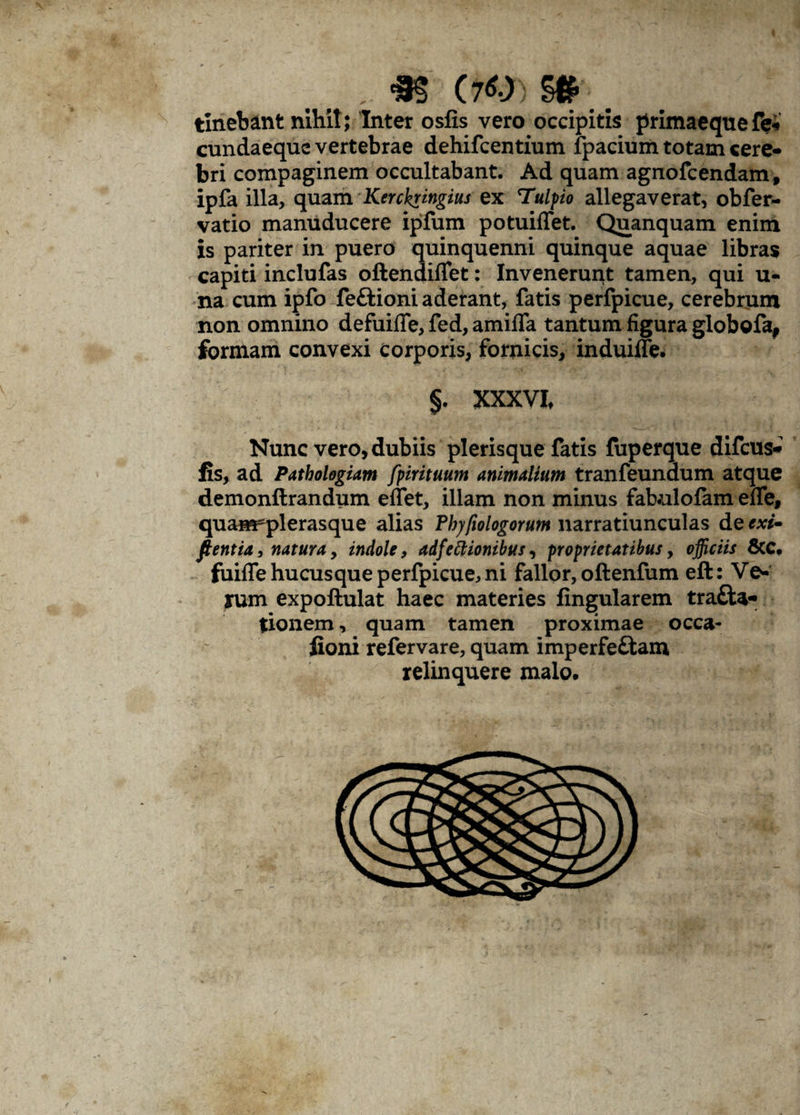 tlnebant nihit; Inter osfis vero occipitis primaeque fe« cundaeque vertebrae dehifcentium fpacium totam cere¬ bri compaginem occultabant. Ad quam agnofcendam, ipfa illa, quam Kerckringius ex Tulpio allegaverat, obfer- vatio manuducere ipfum potuiflet. Quanquam enim is pariter in puero quinquenni quinque aquae libras capiti inclufas oftendiffet: Invenerunt tamen, qui u- na cum ipfo feftioni aderant, fatis perfpicue, cerebrum non omnino defuiffe, fed, amififa tantum figura globofa, formam convexi corporis, fornicis, induiife. §. XXXVI, Nunc vero, dubiis plerisque fatis fuperque difcus- fis, ad Pathologiam fpirituum animalium tranfeunaum atque demonftrandum effet, illam non minus fabulofam eflfe, quamfplerasque alias Fhyfiologorum narratiunculas de exi» flentia, natura, indole, adfcttionibus, proprietatibus, officiis &C, fuiflfe hucusque perfpicue, ni fallor, oftenfum eft: Ve¬ rum expoftulat haec materies lingularem tra£U- tionem, quam tamen proximae occa- fioni refervare, quam imperfe&am relinquere malo.