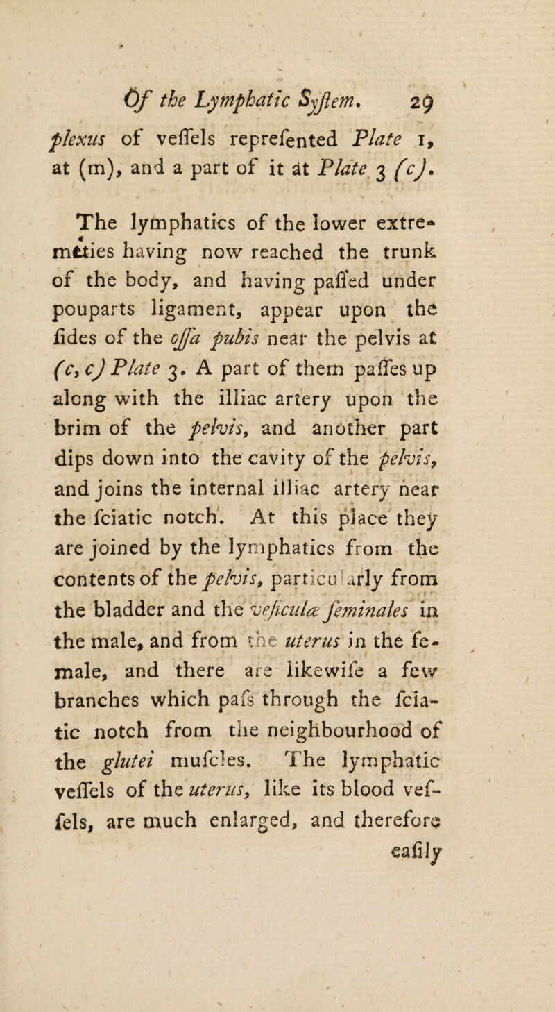 plexus of veffels reprefented Plate 1, at (m), and a part of it at Plate 3 (cj. The lymphatics of the lower extre¬ mities having now reached the trunk of the body, and having palled under pouparts ligament, appear upon the iides of the ojfa pubis near the pelvis at (cyc) Plate 3. A part of them pa lies up along with the illiac artery upon the brim of the pelvis 9 and another part dips down into the cavity of the pelvis, and joins the internal iiliac artery near the fciatic notch. At this place they are joined by the lymphatics from the contents of the pelvis, particularly from the bladder and the veficulce feminales in the male, and from the uterus in the fe¬ male, and there are likewife a few branches which pafs through the fcia¬ tic notch from the neighbourhood of the glutei mufcles. The lymphatic veffels of the uterus, like its blood vef¬ fels, are much enlarged, and therefor^ ealily