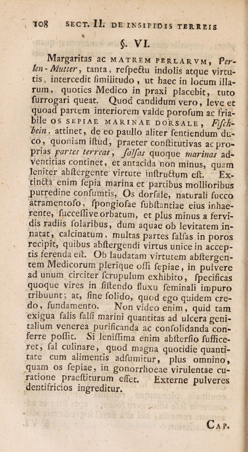 §. vi. Margaritas ac matrem perlarvm, Per- kn-Mutur, tanta, refpeftu indolis atque virtu¬ tis, intercedit (imiiitudo , ut haec in locum illa¬ rum, quoties Medico in praxi placebit, tuto furrogari queat. Quod candidum vero, leve et quoad partem interiorem valde porofum ac fria¬ bile OS SEPIAE MARINAE DORSALE, Fifch- bein * attinet, de eo paulio aliter fentienduro du- co , quoniam iftud, praeter coofiitutivas ac pro¬ pilas partes terreas, falfas quoque marinas ad¬ ventitias continet, et antacida non minus, quam leniter abftergentr virtute inftruaum eft. Ex- tinbla enim lepia marina et partibus mollioribus putredine conformis, Os dorfale, naturali fucco atramentofo, fpongiofae fubflantiae eius inhae¬ rente, fucceffiveorbatum, et plus minus a fervi¬ dis radiis lolaribus, dum aquae oh levitatem in¬ natat, calcinatum, multas partes falfas in poros recipit, quibus abftergendi virtus unice in accep¬ tis ferenda eih Ob laudatam virtutem abftergen- tem Medicorum plerique ofti fepiae, in pulvere ad unum circiter fcrupulum exhibito, fpecificas quoque vires in fidendo fluxu feminali impuro triuuunt j at, fine folido, quod ego quidem cre¬ do» tundam en to. Non video enim, quid tam exigua falis falli marini quantitas ad ulcera geni¬ talium venerea purificanda ac confolidanda con¬ ferre poffic. Si leniflima enim abderfio fuffice- ret, ial cnlinare, quod magna quotidie quanti¬ tate cum alimentis adfumitur, plus omnino, quam os fepiae, in gonorrhoeae virulentae cu¬ ratione praedi turum effet* Externe pulveres dentifricios ingreditur. Ca p«