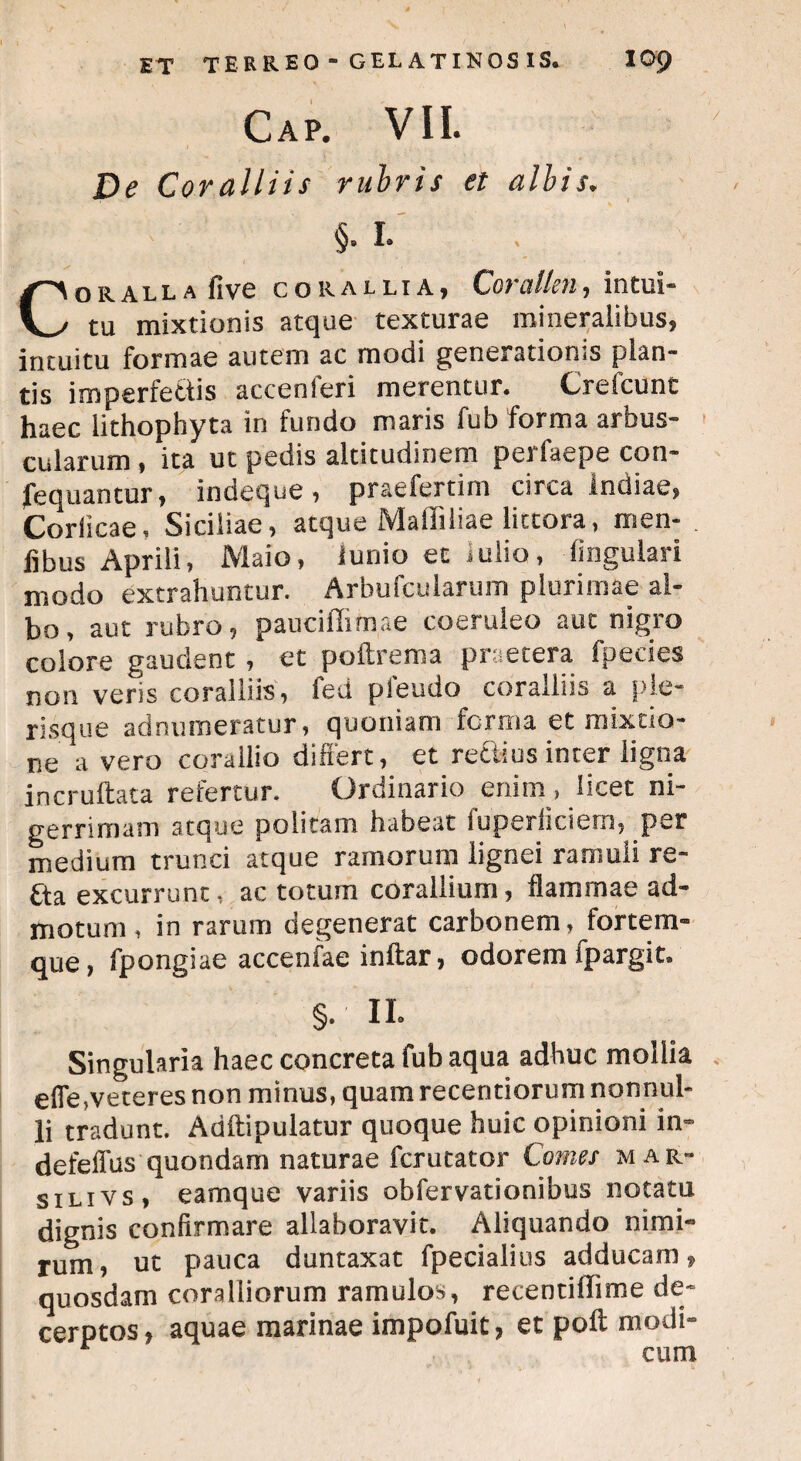 Cap. VII. De Coralliis rubris et albis. §. I. Coralla five corallia, Corallen, intui¬ tu mixtionis atque texturae mineralibus, intuitu formae autem ac modi generationis plan¬ tis imperfectis accenferi merentur. Crefcunt haec lithophyta in fundo maris fub forma arbus¬ cularum , ita ut pedis alticudinem perfaepe con- fequantur, indeque, praefertim circa Indiae, Corlicae. Siciliae, atque Malliliae litcora, men¬ tibus Aprili, Maio, lunio et iulio, lingulari modo extrahuntur. Arbufcularum plurimae al¬ bo, aut rubro, pauciflimae coeruleo aut nigro colore gaudent, et poflxema praetera fpecies non veris coralliis, fed pleudo coralliis a pie- risque adnumeratur, quoniam forma et mixtio¬ ne a vero corallio differt, et rectius inter ligna incruftata refertur. Ordinario enim, licet ni¬ gerrimam atque politam habeat fuperliciem, per medium trunci atque ramorum lignei ramuli re- £ta excurrunt, ac totum corallium, flammae ad¬ motum , in rarum degenerat carbonem, fortem¬ que, fpongiae accenfae inftar, odorem fpargit. §• II. Singularia haec concreta fub aqua adhuc mollia efie,veteres non minus, quam recendorum nonnul¬ li tradunt. Adftipulatur quoque huic opinioni in- defeffus quondam naturae fcrutator Comes mar- silivs, eamque variis obfervationibus notatu dignis confirmare allaboravit. Aliquando nimi¬ rum, ut pauca duntaxat fpecialius adducam, quosdam coralliorum ramulos, recentiffime de¬ cerptos, aquae marinae impofuit, et poft modi¬ cum