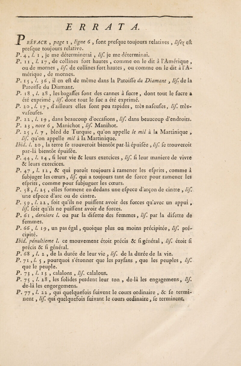 ERRATA. P reface , page i , Vigne 6 , font prefque toujours relatives , life% eft prefque toujours relative. P. 4 , /. i , je me déterminerai , Vf, je me déterminai. P, 11 , /. 17 , de collines fort hautes , comme 011 le dit à l'Amérique , ou de mornes , Vf de collines fort hautes , ou comme on le dit à l’A¬ mérique , de mornes. P. 1 5 , /. 3 G y il en eft de meme dans la Paroide du Diamant 3 Vf de la Paroide du Diamant. P. 1 8 , 28 , les bagalfes font des cannes à fucre , dont tout le fucre a été exprimé , Vf dont tout le fuc a été exprimé. P. 20 y L 17 , d’ailleurs elles font peu rapides, très nafeufes, Vf très- vafe u fes. P. 22 , 19 , dans beaucoup d’oceàfions, Vf dans beaucoup d’endroits* P. 23 , note 6 Manichot , Vf Manihot. P. 25 , /. 7 , bled de Turquie , qu’on appelle le mil à la Martinique , Vf qu’on appelle mil à la Martinique. Ibid. L 20 , la terre fe trouveroit bientôt par-là épuifée , Vf fe trouveroit par-là bientôt épuifée. P. 44 , /. 14 , d leur vie 8c leurs exercices, Vf fi leur maniéré de vivre 8c leurs exercices. P. 47 j /. 12 , 8c qui paroît toujours à ramener les efprits, comme à fubjuger les cœurs , lif qui a toujours tant de force pour ramener les efprits, comme pour fubjuguer les cœurs. P, 58 , /. 25 , elles forment en dedans une efpece d’arçon de cintre , Vf une efpece d’arc ou de cintre. P. 5 9 , /. 22 , foit qu’ils ne puident avoir des forces qu’avec un appui » lif foit qu’ils ne puident avoir de forces. P. 61 y derniere L ou par la difette des femmes, lif par la difette de femmes. P. 66 y L ip, un pas égal, quoique plus ou moins précipitée, Vf pré¬ cipité. Ibid. pénultième L ce mouvement étoit précis 8c fi générai, Vf étoit fi précis 8c fi général. P. 68 j L 2 > de la durée de leur vie Vf de la durée de la vie. P. 71 , /. 5 , pourquoi s’étonner que les payfans , que les peuples, Vf que ie peuple. P. 73 , /. 1 3 , calalons , VJ. calalous. P. 75 , 28 , les folides perdent leur ton , de-là les engagemens, Vf de-là les engorgemens. P. 77 , /. 22 , qui quelquefois fuivent le cours ordinaire , 8c fe termi¬ nent , Vf qui quelquefois fuivant le cours ordinaire , fe terminent*