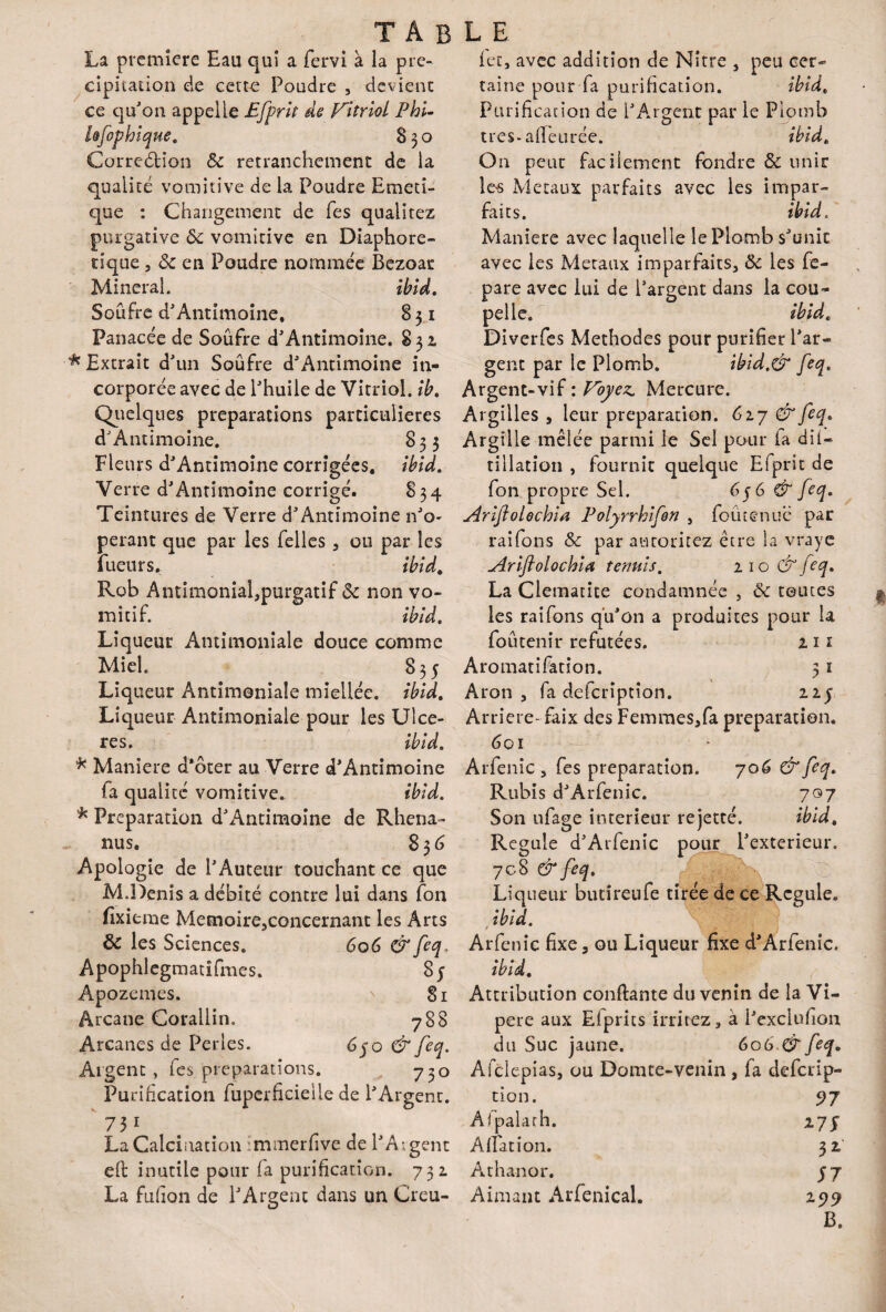 La première Eau qui a fervi à la pré¬ cipitation de cette Poudre , devient ce qu'on appelle Efprit de Vitriol Phi- hfophique. 830 Correction ôc retranchement de la qualité vomitive de la Poudre Eméti¬ que : Changement de Tes qualitez purgative ôc vomitive en Diaphore- tique, ôc en Poudre nommée Bezoar Minerai. ibid. Soufre d'Antimoine, 831 Panacée de Soufre d'Antimoine. 831 ^Extrait d'un Soûfre d'Antimoine in¬ corporée avec de l'huile de Vitriol. ib. Quelques préparations particulières d'Antimoine. 833 Fleurs d'Antimoine corrigées, ibid. Verre d'Antimoine corrigé. 834 Teintures de Verre d'Antimoine n'o- perant que par les Telles, ou par les fueurs. ibid. Rob Antimonial,purgatif ôc non vo¬ mitif. ibid. Liqueur Antimoniale douce comme Miel. 835 Liqueur Antimoniale miellée, ibid. Liqueur Antimoniale pour les Ulcé¬ rés. ibid. * Maniéré d'ôter au Verre d'Antimoine fa qualité vomitive. ibid. * Préparation d'Antimoine de Rhena- nus, 836 Apologie de l'Auteur touchant ce que M.Denis a débité contre lui dans Ton fixieme Memoire,concernant les Arts & les Sciences. 606 &feq, Apophlegmatîfmes. Sj Apozemes. \ 81 Arcane Corallin. y88 Arcanes de Perles. 6jo & feq. Argent, fes préparations. 730 Purification fupcrficieiie de l'Argent. 751 . La Calcination immerfive de l'Aigent eft inutile pour la purification. 73a La fulion de l'Argent dans un Creu- let, avec addition de Nitre , peu cer- raine pour fa purification. ibid. Purification de l'Argent par le Plomb tres-afieurée. ibid. On peur facilement fondre ôc unir les Métaux parfaits avec les impar¬ faits. ibid. Maniéré avec laquelle le Plomb s'unit avec les Métaux imparfaits* ôc les fe- pare avec lui de l’argent dans la cou¬ pelle. ibid. Diverfes Méthodes pour purifier l'ar¬ gent par le Plomb. ibid.& feq. Argent-vif : Voyez. Mercure. Argilles , leur préparation. 617 & feq. Argille mêlée parmi le Sel pour la dii- tillation , fournit quelque Efprit de fon propre Sel. 6j6 & feq. Ariftolechia Polyrrhifon , fou tenue par raifons ôc par autorités être la vraye Ariftolochia tennis. 2 1 o & feq. La Clématite condamnée , ôc toutes les raifons qu'on a produites pour la foutenir refutées. 2 11 Aromatifation. 3 1 Aron, fa defcription. 22j Arriere-faix des Femmes,fa préparation. 601 Arlenîc , fes préparation. 706 & feq. Rubis d'Arfenic. 707 Son ufage intérieur rejette. ibid. Regale d'Arfenic pour l'extérieur. 708 & feq. V : Liqueur butîreufe tirée de ce Régulé. ibid. Arfenie fixe, ou Liqueur fixe d'Arfenic. ibid. Attribution confiante du venin de la Vi¬ père aux El pries irritez, à i'exclufion du Suc jaune. 606 & feq. Afclepias, ou Domte-venin, fa deferip- tion. 97 Ai palarh. Allât ion. 3 2- Athanor. 57 Aimant Arfenical. 199 B.
