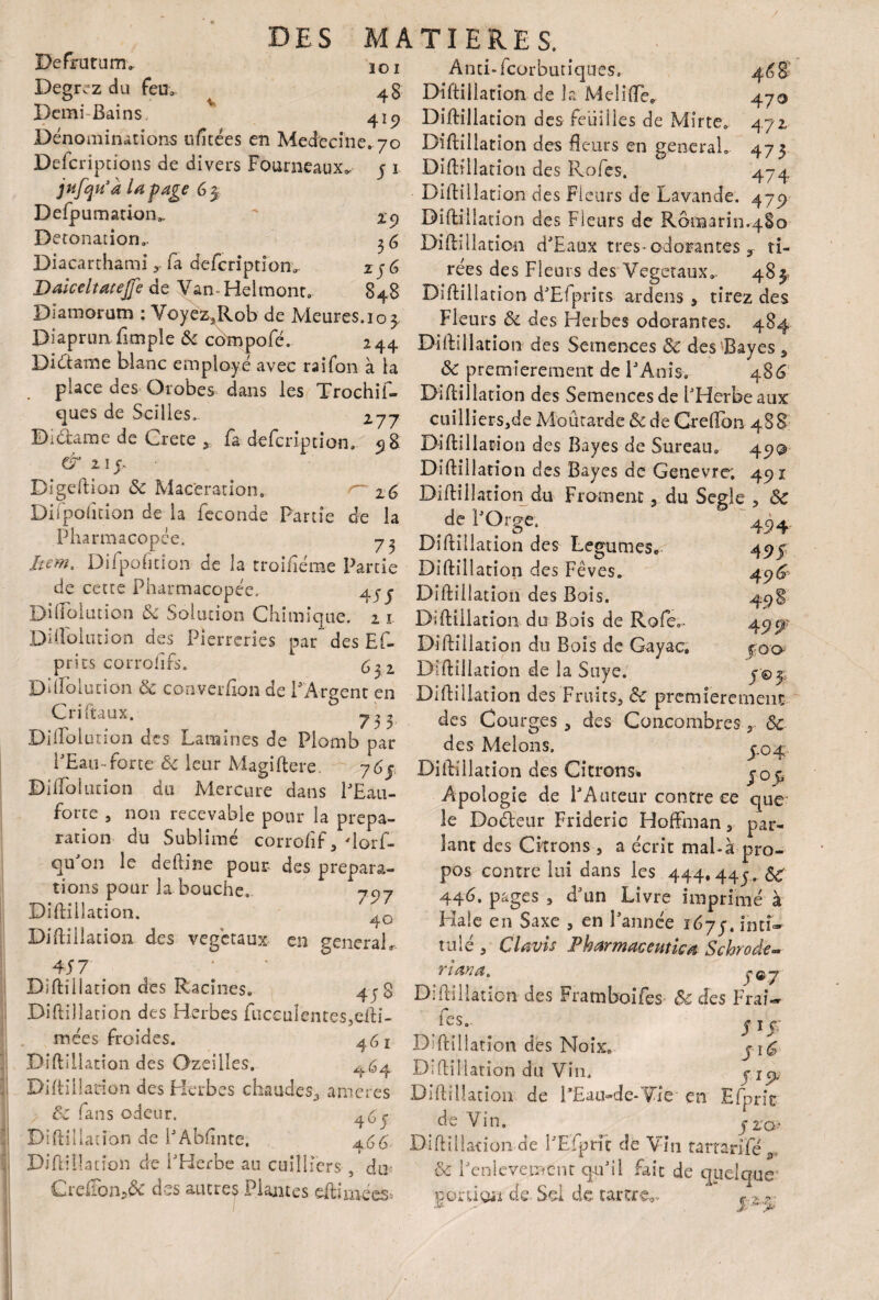 Defrutumc Degrez du feu< loi 4§ Demi-Bains 4^ Dénominations ufitées en Medecine. 70 Defcriptions de divers Fourneaux. 5 1 jufqu’a la page 6 9 Defpumation^ “ Detonadon». ^6 Diaearthami fa defcripdom zj6 Daiceltatejfe de Yan-Helmont. 848 Diamorum : Voyez^Rob de Meures.103 Diaprun fimple de compofé. 244 Diétame blanc employé avec rai Ton à la place des Orobes dans les Trochif- ques de Scilles». 277 Di&ame de Crete , fa defeription, & 11 p Digeftion de Macération» 16 Difpofîtion de ia fécondé Partie de la Pharmacopée. y ^ Item. Difpofidon de la troiftéme Partie de cette Pharmacopée, Dhfoiiuion de Solution Chimique. 11 Dhfohuion des Pierreries par” des Ef- prits corroiîfs. Dhlolution de cooverfion de PArgent en Cri (taux. ^3 Dilfoiution des Lamines de Plomb par l'Eau-forte de leur Magiftere y6g BiiToludon du Mercure dans l'Eau- forte , non recevable pour la prépa¬ ration du Sublimé corrofîf , dorf- qu'on le deftine pour- des prépara¬ tions pour la bouche» 797 Diftiiladon. Diftillation des végétaux en generaL 457 ■ Diftiiladon des Racines. 4^0 Diftiiladon des Herbes fucaiientes5eftî- mées froides. 461 Diftillation des Ozeilles. ^64 Biftiüation des Herbes chaudes, ameres de fans odeur. Difdlladon de l'Abfmte. 466 Diftdîadon de l'Herbe au cuillicrs 5 du- Greffon^ des autres Plantes eftimées* Ancbfcorbutiques. Diftiiladon de la Melifte* 470 Diftiiladon des feuilles de Mirte» 4.72 Diftiiladon des fî eurs en general» 473 Diftillation des Rofes. 474 Diftiiladon des Fleurs de Lavande. 479 Diftiiladon des Fleurs de Romarin.4S0 Diftiiladon d'Eaux très► odorantes ? ti¬ rées des Fleurs des Végétaux» 483, Diftiiladon d'Efprits ardens , tirez des Fleurs de des Herbes odorantes. 484 Diftiiladon des Semences de des Bayes * de premièrement de PAnis, 486 Diftiiladon des Semences de l'Herbe aux cuillierSjde Moutarde de de Greffon 48 8. Diftiiladon des Bayes de Sureau» 490 Diftiiladon des Bayes de Genevre. 491 Diftiiladon du Froment , du Segle , de de l'Orge. 494 Diftiiladon des Légumes. 495 Diftiiladon des Fèves. 49^ Diftiiladon des Bois. 49S Diftiiladon du Bois de Rofe». 499? Diftiiladon du Bois de Gayac, ^00- Diftillation de la Suye. y ©9 Diftillation des Fruits, de premièrement des Courges, des Concombres 3 de des Melons. 904. Diftillation des Citrons. 909 Apologie de l'Auteur contre ce que le Dodteur Frideric Hoffman, par¬ lant des Citrons , a écrit mabà pro¬ pos contre lai dans les 444,449. &£ 446. pages , d'un Livre imprimé à Haie en Saxe , en l'année i6ygt intî» tu lé , C lavis Pharmaceutka Schrode- Tiauat ^©7 Diftillation des Frarnboifes de des Frai- tfes» ^ j ï j. Diftillation des Noix. ji£ Diftillation du Vin. 9x9, Diftillation de PEau-de-Vie en Efpric deVin» gzo? Diftiiladon de l'Efprft de Vin tarte ri le , de l'cnîevemcnt qu'il fait de quelque portion de Sel de tartre*. 929