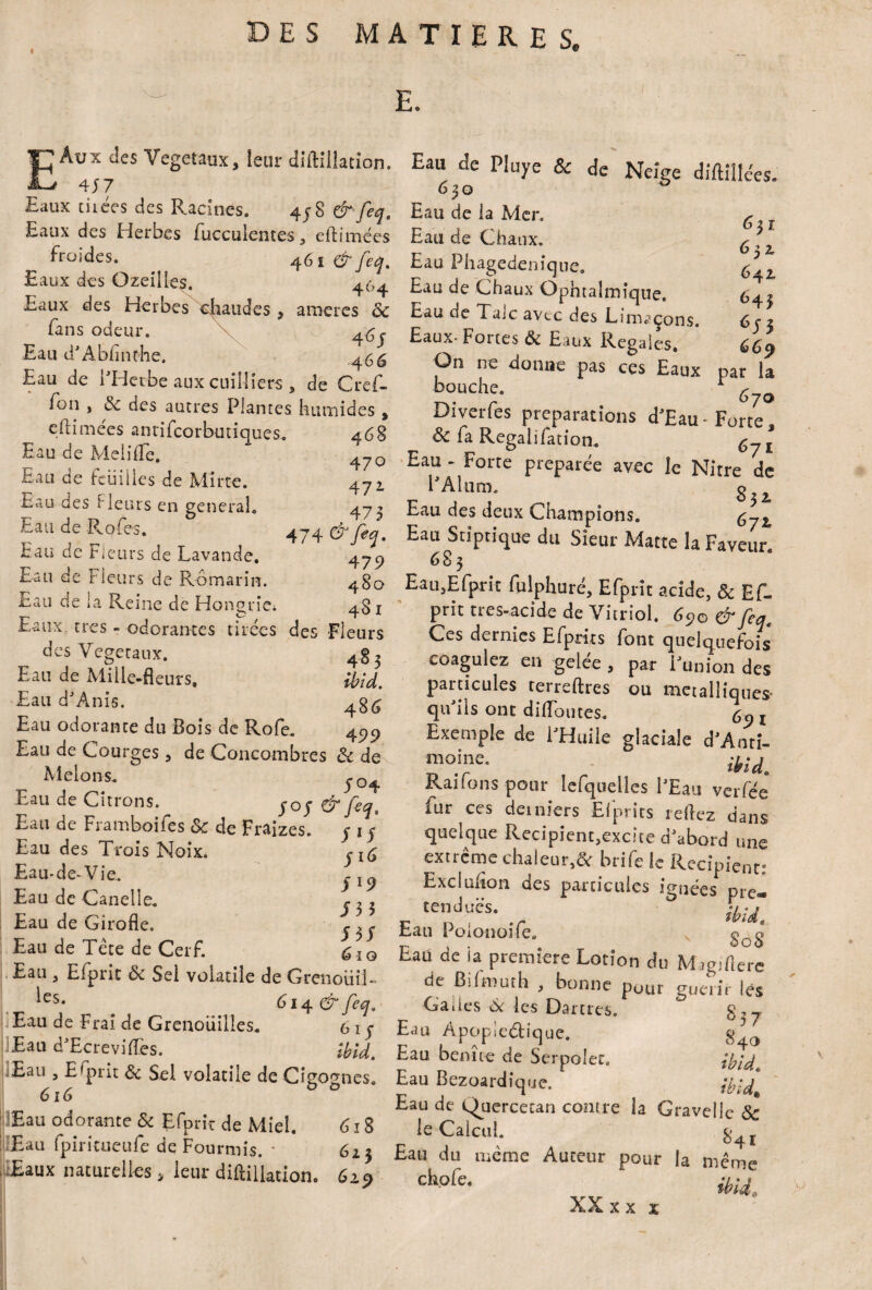 « DES MATIERES. E. Aux des Végétaux, leur diftiüatîon. > 4J7 Eaux tuées des Racines. 4jS & fia. Eaux des Herbes fucculentes, eftimées froides. 461 & feq. Eaux des Ozeilles. 464 Eaux des Herbes chaudes s arriérés ôc fans odeur. Eau d’Abfmthe. ^5^ Eau de FHetbe aux cuilliers * de Gref¬ fon , 3c des autres Plantes humides , eftimées antifcorbutiques. 468 Eau de MeiifTe. 470 Eau de feuilles de Mîrte. 47i 473 Eau des Fleurs en general. Eau de Rofes. 474 &fiq. Eau de Fleurs de Lavande, 47c> Eau de Fleurs de Romarin. 48o Eau de la Reine de Hongrie* 48x Eaux très - odorantes tirées des Fleurs des Végétaux. 4§3 Eau de Mille-fleurs, ibid. Eau dJAnis. 4g<$ Eau odorante du Bois de Rofe. 4.99 Eau de Courges a de Concombres 3c de Melons. ^0 Eau de Citrons. joj & feq. Eau de Framboifes ôc de Fraizes. j 15 Eau des Trois Noix. Eau-de-Vie. ^ Eau de Canelle. y, 2 Eau de Girofle. ? , , Eau de Tète de Cerf. £-iq Eau 3 Efpric ôc Sel volatile de GrenotiiR ^es* 614 & feq. j.Eau de Frai de Grenouilles. 61 j Eau d'Ecreviflcs. Ibid. Eau 3 Esprit 3c Sel volatile de Cigognes. 616 Eau odorante 3c Efpric de Miel. 618 i Eau fpiricueufe de Fourmis. * 623 Eaux naturelles, leur diftillation. 619 ■ >» Eau de Pluye & dc Neige diftillees- 63O Eau de la Mer. ^ Eau de Chaux. r \ Eau Phagedenîcjue, Eau de Chaux Ophtalmique. 643 Eau de Talc avec des Limaçons. 653 Eaux-Fortes & Eaux Regaies. 669 On ne donne pas ces Eaux par la bouche. Diverfes préparations d'Eau-Forte, 3c fa Regalifation. Eau - Forte préparée avec le Nitre de PAlum. o Eau des deux Champions. Eau Stiptique du Sieur Marte la Faveur, 683 EaujEfprit fulphuré, Efprît acide, & Ef- prit tres-acide de Vitriol, 690 & feq. Ces demies Efprics font quelquefois coagulez en gelée, par l'union des particules terreftres ou métalliques qu'ils ont diiToutes. 69 r Exemple de l'Huile glaciale d'Anti- moine. . Raifons pour lefqtielles l'Eau ver fée fur ces derniers Elprits reftez dans quelque Recipient.excite d'abord une extrême chaleur,& brifele Récipient: Exclusion des particules ignées ple- „ tendl!ÏS' „ ibid. Eau Poiottoife. Eau de ia première Lotion du Magiflere de Bifmuth , bonne puur g1K1;r |es Galles & les Dames. g, ^ Eau Apoplectique. Eau benne de Serpolet. Ibid Eau Bezoardîque. ;bid Eau de t^uercetan contre la Gravellc ôc le Calcul. g4ï Eau du meme Auteur pour la même chofe. XX xxx