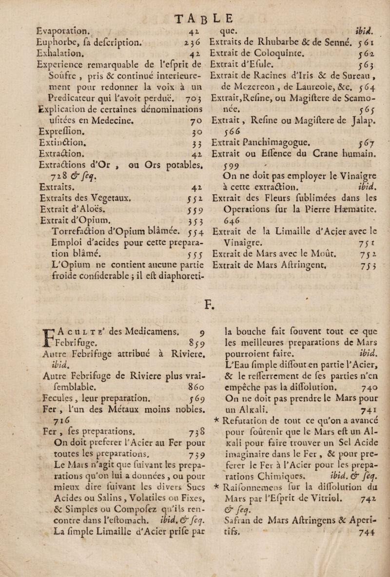 Evapora don. 42 Euphorbe, fa defcription, 236 Exhalation. 4 2. Expérience remarquable de Fefprit de Soufre , pris de continué intérieure¬ ment pour redonner la voix à un Prédicateur qui 1'avoir perdue. 703 Explication de certaines dénominations uhtées en Medecine. 70 Expreffîon. 30 Extinction. 3 3 Extraction. 41 Extradions d'Or „ ou Ors potables, 728 & feq. Extraits. 42 Extraits des Végétaux, 552 Extrait d'Aloës. 559 Extrait d'Opium. 353 Torrefadion d'Opium blâmée. 554 Emploi d'acides pour cette prépara¬ tion blâmé. 555 L'Opium ne contient aucune partie froide confiderabîe 3 il eil diaphoni¬ que. ibid. Extraits de Rhubarbe de de Senne. 5 6 1 Extrait de Coloquinte. j6-i Extrait d'Eiule. j63 Extrait de Racines d'iris de de Sureau , de Mezereon , de Laureole, &c. 564 Extrait,Refine, ou Magiftere de Scamo- née. yéy Extrait, Refîne ou Magiftere de Jalap. Extrait Panchimagogue. jC/ Extrait ou EfTence du Crâne humain. 59 9 On ne doit pas employer le Vinaigre à cette extradion. ibid. Extrait des Fleurs fublimées dans les Operations fur la Pierre Hæmatite, 646 Extrait de la Limaille d'Acier avec le Vinaigre. yyt Extrait de Mars avec le Moût. 752 Extrait de Mars Aftringenc, 7/3 » FAculte' des Medicatnens. 9 Fébrifuge. 859 Autre Fébrifuge attribué à Riviere, ibid, Autre Fébrifuge de Riviere plus vrai- femblable. 860 Fecules s leur préparation. 569 Fer , l'un des Métaux moins nobles. 71G Fer , fes préparations. 738 On doit preferer l'Acier au Fer pour toutes les préparations. 739 Le Mars n'agit que fuivant les prépa¬ rations qu'on lui a données , ou pour mieux dire iuivant les divers. Sucs Acides ou Salins , Volatiles ou Fixes, de Simples ou Compofez qu'ils ren¬ contre dans i'eftomach. ibid, & feq. La fimple Limaille d'Acier prife par la bouche fait fouvent tout ce que les meilleures préparations de Mars pourroient faire. ibid, L'Eau fimple diffout en partie l'Acier, de le refferrement de fes parties n'en empêche pas la difTolution, 740 On ne doit pas prendre le Mars pour un Alxali. 741 * Réfutation de tout ce qu'on a avancé pour foûtenir que le Mars eft un Al- Kaii pour faire trouver un Sel Acide imaginaire dans le Fer , de pour pre¬ ferer le Fer à l'Acier pour les prépa¬ rations Chimiques. ibid, & feq. * Raifonnemens fur la difloiution du Mars par l'Efprit de Vitriol. 742 feq. Safran de Mars Aftringens de Apéri¬ tifs. - 744