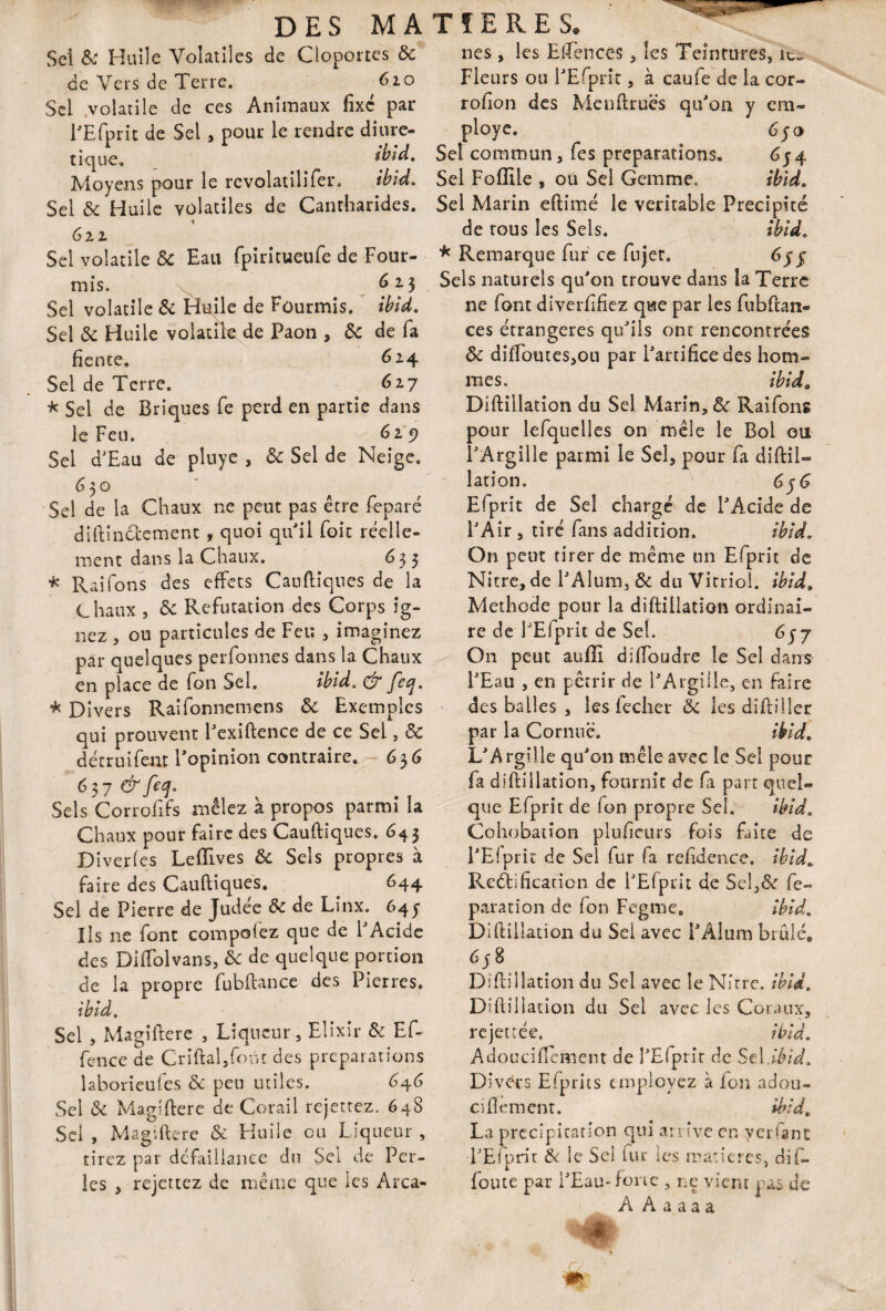 Sei & Huile Volatiles de Cloportes & de Vers de Terre. Gio Sel volatile de ces Animaux fixe par PEfprit de Sei, pour le rendre diuré¬ tique. ibid. Moyens pour le rcvolatilifer. ibid. Sel 8c Huile volatiles de Cantharides. 1 622 Sel volatile 8c Eau fpiritueufe de Four¬ mis. 6 2 3 Sel volatile Si Huile de Fourmis, ibid. Sel 8c Huile volatile de Paon , 8c de fa fiente. 62.4 Sei de Terre. 6 27 * Sel de Briques fe perd en partie dans le Feu. ^2 9 Sei d’Eau de pluye , 8c Sel de Neige. G 50 Sel de la Chaux ne peut pas être Feparé diftincfccment , quoi qu'il foie réelle¬ ment dans la Chaux. G35 * Rai Tons des effets Cauftiques de la Chaux , 8c Réfutation des Corps ig- nez , ou particules de Feu , imaginez par quelques perfonnes dans la Chaux en place de fon Sei. ibid, & feq. •k Divers Raifonnemens 8c Exemples qui prouvent l'exiftence de ce Sel, 8c dérruifem l'opinion contraire. 6 3 G 637 & feq. Sels Corrofifs mêlez à propos parmi la Chaux pour faire des Cauftiques. 643 Diverfes LefTives 8c Sels propres à faire des Cauftiques. 644 Sel de Pierre de Judée 8c de Linx. 641 Iis ne font compofez que de l'Acide des Diftolvans, 8c de quelque portion de la propre fubftance des Pierres. ibid. Sel , Magiftere , Liqueur, Elixir 8c Ef- fence de Criftal,fonr d es préparations laborieufes 8c peu utiles. G^G Sei 8c Magiftere de Corail rejettez. 648 Sel, Magiftere 8c Huile ou Liqueur, tirez par défaillance du Sel de Per¬ les , rejettez de même que les Arca¬ nes , les Eftences, les Teintures, Fieurs ou l'Efprit, à caufe de la cor- rofion des Menftrucs qu'on y em¬ ployé. Sel commun, fes préparations. 654 Sel Folïile , ou Sel Gemme. ibid. Sel Marin eftimé le véritable Précipité de tous les Sels. ibid. * Remarque fur ce fujer. 6jj Sels naturels qu'on trouve dans la Terre ne font diverfiftez qwe par les fubftan- ces étrangères qu'ils ont rencontrées 8c diffoutes,ou par l'artifice des hom¬ mes, ibid. Diftiilation du Sel Marin, 8c Raifons pour lefquelles on mêle le Bol eu l'Argille parmi le Sel, pour fa diftii¬ lation. 656 Efprit de Sel chargé de l'Acide de l'Air , tiré fans addition. ibid. On peut tirer de même un Efprit de Nitre, de l'Alum, 8c du Vitriol, ibid. Méthode pour la diftiilation ordinai¬ re de 1 El prit de Sel. Gjj On peut aufiî di(foudre le Sel dans l'Eau , en pétrir de l'Argille, en faire des balles , leslecher 8c les diftilier par la Cornue. ibid. L'Argille qu'on mêle avec le Sel pour fa diftiilation, fournit de fa part quel¬ que Efprit de fon propre Sel. ibid. Cohobauon plufieurs fois faite de l'Efprit de Sel fur fa refidence. ibid. Rectification de l'Efprit de Sel,& fe- paration de fon Fegrne. ibid. Diftiilation du Sel avec l'Alum brûlé, 6; 8 Diftiilation du Sel avec le Nitre. ibid. Diftiilation du Sei avec les Coraux, rejettée. ibid. Adouciflcment de l'Efprit de SelSèid. Divers Efprits employez à fon adou- ciftement. ibid. La précipitation qui arrive en yerfint ■l'Efprit 8c le Sel fur les matières, ch fi¬ loute par l'Eau-forte , ne vient pas de A A a a a a
