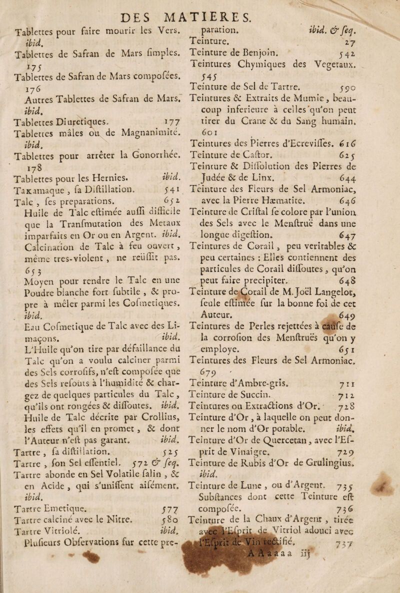 Tablettes pour faire mourir les Vers. ibid. Tablettes de Safran de Mars Amples, fy; Tablettes de Safran de Mars composes. 176 Autres Tablettes de Safran de Mars. ibid. Tablettes Diure tiques-. *77 Tabletres mâles ou de Magnanimité. ibid. Tablettes pour arrêter la Gonorrhée. 178 Tablettes pour les Hernies. ibid. Takarnaque 3 fa Diftillation. 541 Talc , fes préparations. 6$ 1 Huile de Talc eftimée auffi difficile que la Tranfmutation des Métaux imparfaits en Or ou en Argent, ibid. Calcination de Talc à feu ouvert , même tres-violent , ne reiiffit pas. 653 , 1 Moyen pour rendre le Talc en une Poudre blanche fort fubtiie s ôc pro¬ pre à mêler parmi les Cofmetiques. ibid. Eau Cc> fine tique de Talc avec des Li¬ maçons. ibid. L'Huile qu'on tire par défaillance du Talc qu'on a voulu calciner parmi des Sels corrofifs, n'eft compofée que des Sels refoùts à l'humidité ôc char¬ gez de quelques particules du Talc, qu'ils ont rongées ôc diffoutes. ibid. Huile de Talc décrite par Crollius* les effets qu'il en promet 3 ôc dont l'Auteur n'eft pas garant. ibid. Tartre, fa diftillation. 525 Tartre , fon Sel eflentiel. 572 & feq* Tartre abonde en Sel Volatile falin , ÔC en Acide , qui sJuniffenc aifémenr. ibid. Tartre Emetîque. 577 Tartre calciné avec le Nitre, 580 Tartre Vitriolé. ibid. Plufieurs Obfervations fur cette pre- a parution. ibid. & feq. Teinture. 27 Teinture de Benjoin. y 42 Teintures Chytniques des Végétaux, Teinture de Sel de Tartre. 590 Teintures &: Extraits de Mumie, beau¬ coup inferieure à celles'qu'on peut tirer du Crâne ôc du Sang humain. 60 î » Teintures des Pierres d'Ecreviffies. 616 Teinture de Caftor. 625 Teinture ôc Diffolution des Pierres de Judée Ôc de Linx. 644 Teinture des Fleurs de Sel Armoniac, avec la Pierre Hæmatite. 646* Teinture de Griffai fe colore par l'union des Sels avec le Meaftrue dans une longue digeftion. 647 Teintures de Corail, peu véritables ôc peu certaines : Elles contiennent des particules de Corail difloutes, qu'on peut faire précipiter, 648 Teinture de Corail de M. Joël Langeloc, feule eftimee fur la bonne foi de cec Auteur. 6 49 Teintures de Perles rejettées â caufe de la corrofion des Menftruës qu'on y employé. 651 Teintures des Fleurs de Sel Armoniac. 679 ' . Teinture d’Ambre-gris. 71 ï Teinture de Succin. 712 Teintures ou Extractions d'Or. 728 Teinture d'Or , à laquelle on peut don¬ ner le nom d'Or potable. ibid. Teinture d'Or de Quercetan, avec l'Ef- prit de Vinaigre. 729 Teinture de Rubis d'Or de Grulingius. ibid. Teinture de Lune , ou d'Argent, 73^ Subftances dont cette Teinture eft compofée. 736 Teinture de la Chaux d*Argent., tirée ajec iXfrrit d^Vitriol adouci avec '^prit de Vin rcééifie. A Â% a a a jiïj 757