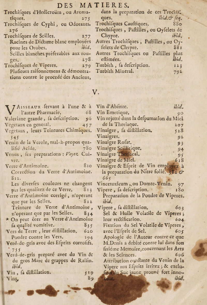 Trochifques tfHedicroüm , ou Aroma¬ tiques. 275 Trochifques de Cyphi, ou Odorants. 276 Trochifques de Scilles. 277 Racines de Diétame blanc employées pour les Orobes. ibid. Scilles blanches préférables aux rou- 278 • ges. Trochifques de Viperes. 279 Plusieurs raifonncmens Sc dcmonrra- tions contre le procédé des Anciens, dans la préparation de ces TrocHC ques. ibld.& feq. Trochifques Cauftiques. 880 Trochifques , Paftilles, ou Qyfelets de Chypre. ibid. Autres Trochifques , Paftilles, ou Oy- felets de Chypre. 881 Autres Trochifques ou Paftilles plus eft innées. ibid. Tufcbith , fa dcfcriprionu 123 Turbith Minerai. 792 V, VAisseaux -fervant à Pline & à l'autre Pharmacie. 68 Valériane grande, la defcription. 96 Ve getaux en general. 457 Végétaux , leurs Teintures Chimiques. 545 Venin de la Verole, mal-à-propos qua¬ lifié Acide. 780 Venus , fes préparations : F'oycz Cui¬ vre. Verre d'Antitnoîne. 810 Corredlion du Verre dJAntimoine. 811. Les diverfes couleurs ne changent pas les qualitez de ce Verre, 8 1 3 Verre d'Antimoine corrigé, n'operant que par les Selles. 812 Teinture de Verre dJ Antimoine , inopérant que par les Selles. 834 * On peut ôter au Verre dAntimoine fa qualité vomitive. * 835 Vers de Terre , leur diftillation. 620 Poudre contre les Vers. 394 Verd-de-gris avec des Efprîts corrofifs. ^75 5 Verd-de-gris préparé avec du Vin & du gros Marc de grappes de Rai fin. ibid. Vin , fa diftillation. 519 Vins* » «“•** Vinaigres. Vinaigre Rofat Vin d'Abfinte, Vin Emétique. 90 Vin rejette dans îa defpumation du Miel de la Theriaque. 207 Vinaigre, fa diftillation. 52S 92 . 9 y Vinaigre Scilji tique. 94 Vinaigre T&erîacal. - 9y Vinaigre de Miel. 6 1 S Vinaigre & Efprit de Vin employez à la préparation du Nitre foliéj y$2 & 6 6 ç 0 Vincetoxicum ,.011 Domte-Venin, 97 Vipère , fa defcription.. 180 Préparation de la Poudre de Viperes. ibid. Vipere , fa diftillation. 605 Sel &c Huile Volatile de Viperes 3 leur reélificarion. 604 Fixation du Sel Volatile de Viperes * avec PEfpnt de Seh 6oj Apologie de PAuteur contre ce que M.Denis a débité contre lui dans fora ftxiéme Memoire,conccrnant les Arts & les Sciences. 606 Attribution caftante du Venin de \z Vipere aux Efprîts irritez 3 & exclu- uc jaune prouvé fort inno» m