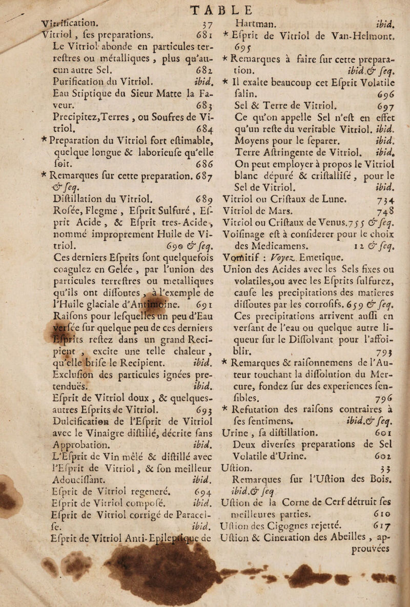 T A Vi rrification. 37 Ÿirriol, (es préparations. 681 Le Vitriol abonde en particules ter- reftres ou métalliques , plus qu'au¬ cun autre Sel. 682. Purification du Vitriol. ibid. Eau Stiptique du Sieur Matte la Fa¬ veur. 683 Frecipitez/Terres , ou Soufres de Vi¬ triol. 684 * Préparation du Vitriol fort eftimable, quelque longue ôc laborieufe qu'elle foit. 686 * Remarques fur cette préparation. 687 ’&feq. Diftillation du Vitriol. <389 Rofée, Flegme , Efprit Sulfuré , Ef- prit Acide s ôc Efprit très-Acide, nommé improprement Huile de Vi¬ triol. 69© & feq. Ces derniers Efprits font quelquefois coagulez en Gelée , par l'union des particules terreftres ou métalliques qu'ils ont difTomes , à l'exemple de l'Huile glaciale d'Antfpéine. 691 Raifons pour lefquelîés un peu d'Eau ver fée fur quelque peu de ces derniers ftfprits reftez dans un grand Réci¬ pient 3 excite une telle chaleur , qu'elle brife le Récipient. ibid. Exclufion des particules ignées pré¬ tendues. ibid. Efprit de Vitriol doux , ôc queîques- autres Elprits de Vitriol. 693 Dulcification de l'Efprit de Vitriol avec le Vinaigre diftillé, décrite fans Approbation. ibid. L'Efprit de Vin mêlé ôc diftillé avec l'Efprit de Vitriol, ôc fon meilleur Adouci fiant. ibid. Efprit de Vitriol régénéré. 694 Efprit de Vitriol cumpofé. ibid. Efprit de Vitriol corrigé de Paracei- fe. ibid. Efprit de Vitriol Anti-Epih e ae BLE Hartman. ibid. * Efprit de Vitriol de Van-Hei mont. 695 * Remarques à faire fur cette prépara¬ tion. ibid.& feq» * Il exalte beaucoup cet Efprit Volatile faim. 696 Sel Ôc Terre de Vitriol. 697 Ce qu'on appelle Sel n'eft en effet qu'un reftedu verirable Vitriol, ibid. Moyens pour le feparer. ibid. Terre Aftringente de Vitriol. ibid„ On peut employer à propos le Vitriol blanc dépuré ôc criftallifé , pour le Sel de Vitriol. ibid. Vitriol ou Criftaux de Lune. 734 Vitriol de Mars. 748 Vitriol ou Criftaux de Venus.75 y & feq. Voifinage efl à conliderer pour le choix des Medicamens. 11 & feq. VQrfiitîf : Voyez., Emetique. Union des Acides avec les Sels fixes ou volatilesjou avec les Efprits fulfurez, caufe les précipitations des matières diffoutes par les corrofifs. 659 & feq* Ces précipitations arrivent aufli en verfant de l'eau ou quelque autre li¬ queur fur le Diffolvanc pour Paffoi- blir. , 79 5 * Remarques ôc raifonnemens de l'Au¬ teur touchant la diffolution du Mer¬ cure, fondez fur des expériences fen- fibles. 79 G * Réfutation des raifons contraires à fes fentîmens. ibid.& feq. Urine 3 fa diftillation. 6oi Deux diverfes préparations de Sel Volatile d'Urine. 601 Uftion. 35 Remarques fur l'Uftion des Bois. ibid.& feq Uftion de la Corne de Cerf détruit fes meilleures parties. 610 Uflion des Cigognes rejette. 617 Uftion ôc Cineration des Abeilles , ap¬ prouvées