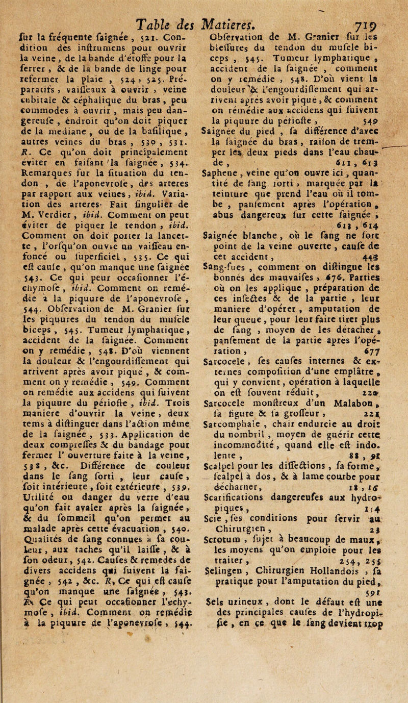 fur la fréquente faignée , si*- Con¬ dition des inftrumens pour ouvrir la veine , de la bande d’étoffe pour la ferrer , &amp; de la bande de linge pour refermer la plaie , 524* 525. Pré¬ paratifs » vaiffeaux à ouvrir , veine cubitale ôc céphalique du bras, peu commodes à ouvrir , mais peu dan- gereufe , endroit qu’on doit piquer de la médiane , ou de la bafilique , autres veines du bras, 530, 531. R. Ce qu’on doit principalement éviter en faifant 'la faignée, 534. Remarques fur la fituation du ten¬ don , de l’aponevrolé, drs arteres par rapport aux veines, ibid. Varia¬ tion des artères- Fait fingulier de M. Verdier , ibid. Comment on peut éviter de piquer le tendon , tbid. Comment on doit porter la lancet¬ te , i’orfqu’on ouvre un vaiffeau en¬ foncé ou l'uperficiei , 535. Ce qui eft caule , qu’on manque une faignée 543, Ce qui peur occasionner l’é- chymofe , ibid. Comment on remé¬ die à. la piquure de i’aponevrofe , 544. Obfervation de M. Granier fur les piquures du tendon du mufcle biceps, 545. Tumeur lymphatique, accident de la faignée. Comment on y remédie , 54S. D’où viennent la douleur ôc l’engourdiffement qui arrivent après avoir piqué , 8c com¬ ment on y remédie &gt; 549. Comment on remédie aux accidens qui fuivent la piquute du périofle , ibid. Trois maniéré d’ouvrir la veine, deux tems à diftinguer dans l’a&amp;ion même de la faignée, 533. Application de deux compreffes 3c du bandage pour fermer 1* ouverture faite à la veine , 53 S , Ôcc. Différence de couleur dans le fang forti , leur caufe, foit intérieure , foit extérieure, 539. Utilité ou danger du verte d’eau qu’on fait ayaler après la faignée, &amp; du fommeil qu’on permet au malade après cette évacuation , 540, Qualités de fang connues à fa cou¬ leur , aux taches qu’il laiffe , 8c à fon odeur, 542. Caufes ôc rçmedes de divers accidens qui fuivent la fai¬ gnée , 542 , ôte. RyOe qui eft caufe qu’on manque une faignée , $43. Ce qui peut occafionner l’echy- mofe , ibid. Comment on rçpaédic à 1a piquure de l’apcnevrofe » 544. Obfervation de M. Granier fur les bleffures du tendon du mufcle bi¬ ceps , 545. Tumeur lymphatique , accident de la faignée , comment on y remédie , 54S. D’où vient la douleuri’engourdifièment qui ar¬ rivent apres avoir piqué , 8c comment on remédie aux accidens qui fuivent la piquure du période , 549 Saignée du pied , fa différence d’avec la faignée du bras , raifon de trem¬ per les deux pieds dans l’eau cbau* ' de , 611 , 613 Saphene , veine qu’on ouvre ici , quan¬ tité de fang jorti 3 marquée par là teinture que prend l’eau où il tom¬ be , panfèment après l’opération 9 abus dangereux fur cette faignée , 61) , 614 Saignée blanche , où le fang ne fore point de la veine ouverte , caufe de cet accident, 448 Sang-fues , comment on diftingue les bonnes des mauvaifes &gt; &lt;76. Parties où on les applique , préparation de ces infe&amp;es Ôc de la partie , leur maniéré d’opérer , amputation de leur queue , pour leur faire tirer plus de fang , moyen de les détacher , panfement de la partie après l’opé¬ ration , 677 Sarcocele , fes caufes internes 8c ex¬ ternes compofition d’une emplâtre , qui y convient, opération â laquelle on eft fouvent réduit, 22® Sarcocele monftreux d’un Malabon , la figure 8c la groffeur } 221, Sarcomphaie , chair endurcie au droit du nombril , moyen de guérir cette incommodité , quand elle eft indo. lente , 88 , Scalpel pour les différions , fa forme, fcalpei à dos, ôc à lame courbe pour décharner, 18,15 Scarifications dangereufes aux hydro-^ piques, 114 Scie , fes conditions pour fçrvir au Chirurgien, 23 Scrotum , fujet à beaucoup de maux, les moyens qu’on emploie pour les traiter, 254,25$ Selingcn , Chirurgien Hollandois , fa pratique pour l’amputation du pied, 59t Sels urineux , dont le defaut eft une des principales caufes de l’hydropi- ftc , en ce que le fang devient trop