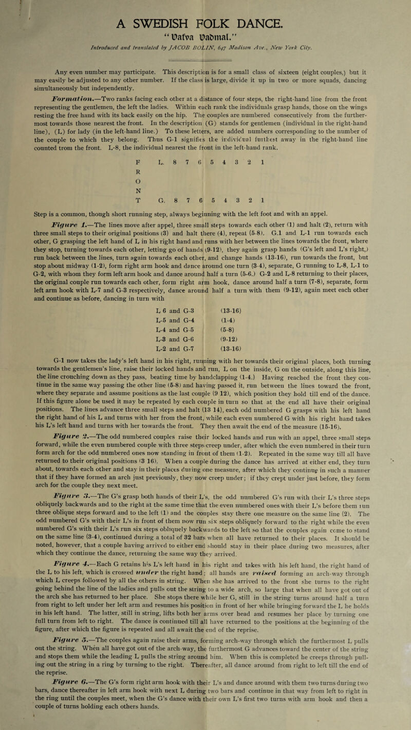 A SWEDISH FOLK DANCE. “ IPafva iPaSmal.” Introduced and translated by JACOB BOLIN, 64J Madison Ave., New York City. Any even number may participate. This description is for a small cla.ss of sixteen (eight couples,) but it may easily be adjusted to any other number. If the class is large, divide it up in two or more squads, dancing simultaneously but independently. Formation.—Two ranks facing each other at a distance of four steps, the right-hand line from the front representing the gentlemen, the left the ladies. Within each rank the individuals grasp hands, those on the wings resting the free hand with its back easily on the hip. The couples are numbered consecutively from the further¬ most towards those nearest the front. In the description (G) stands for gentlemen (individual in the right-hand line), (L) for lady (in the left-hand line.) To the.se letters, are added numbers corresponding to the number of the couple to which they belong. Thus G-1 signifies the individual fuilhest awa}’ in the right-hand line counted trom the front. L-8, the individual nearest the front in the left-hand rank. F L. 87G54321 R O N T G. 87654321 Step is a common, though short running step, always beginning with the left foot and with an appel. Fitjure 1.—The lines move after appel, three small steps towards each other (1) and halt (2), return with three small steps to their original positions (3) and halt there (4), repeat (5-8). G.l and L-1 run towards each other, G grasping the left hand of L in his right hand and runs with her between the lines towards the front, where they stop, turning towards each other, letting go of hands t9-12), they again grasp hands (G’s left and L’s right,) run back between the lines, turn again tow’ards each other, and change hands (13-16), run towards the front, but stop about midway (1-2), form right arm hook and dance around one turn (3-4), separate, G running to L-8, L-1 to G-2, with whom they form left arm hook and dance around half a turn (5-6.) G-2 and L-8 returning to their places, the original couple run towards each other, form right arm hook, dance around half a turn (7-8), separate, form left arm hook with L-7 and G-3 re.spectively, dance around half a turn with them (9-12), again meet each other and continue as before, dancing in turn with L6 and G-3 (13-16) L-5 and G-4 (1-4) L-4 and G5 (5-8) L-3 and G-6 (9-12) L-2 and G-7 (13-16) G-1 now takes the lady’s left hand in his right, running with her towards their original places, both turning towards the gentlemen’s line, raise their locked hands and run, L on the inside, G on the outside, along this line, the line crouching down as they pass, beating time by handclapping (1-4.) Having reached the front they con¬ tinue in the sanre way passing the other line (5-8) and having pas.sed it, run between the lines toward the front, where they separate and assume positions as the last couple (9 12), which position they hold till end of the dance. If this figure alone be used it may be repeated by each couple in turn so that at the end all have their original positions. The lines advance three small steps and halt (13 14), each odd numbered G grasps with his left hand the right hand of his L and turns with her from the front, while each even numbered G with his right hand takes his L’s left hand and turns with her towards the front. They then await the end of the measure (15-16). Figure 2.—The odd numbered couples raise their locked hands and run with an appel, three .‘•mall steps forward, while the even numbered couple with three steps creep under, after which the even numbered in their turn form arch for the odd numbered ones now standing in front of them (1-2). Repeated in the same way till all have returned to their original positions (3 16). When a couple during the dance has arrived at either eird, they turn about, towards each other and stay in their places during one measure, after which they continue in such a manner that if they have formed an arch just previously, they now creep under; if they crept under just before, they form arch for the couple they next meet. Figure .i. The G’s grasp both hands of their L’s, the odd numbered G’s run with their L’s three steps obliquely backwards and to the right at the same time that the even numbered ones with their L’s before them lun three oblique steps forward and to the left (1) and the couples stay there one measure on the same line (2). The odd numbered G s w'ith their L’s in front of them now run six steps obliquel}' forward to the right while the even numbered G s with their L’s run six steps obliquely backwards to the left so that the couples again ccme to stand on the .same line (3-4), continued during a total of 32 bars when all have returned to their places. It should be noted, however, that a couple having arrived to either end should stay in their place during two measures, after which they continue the dance, returning the same way they arrived. Figure Each G retains h's L’s left hand in his right and takes with his left hand, the right hand of the L to his left, which is crossed the right hand ; all hands are raised forming an arch-way through which L creeps followed by all the others in string. When she has arrived to the front she turns to the right going behind the line of the ladies and pulls out the string to a wide arch, so large that when all have got out of the arch she has returned to her place. She .stops there while her G, still in the string turns around half a turn from right to left under her left arm and resumes his position in front of her while bringing forward the L he holds in his left hand. The latter, still in string, lifts both her arms over head and resumes her place bv turning one full turn from left to right. The dance is continued till all have returned to the positions at the beginning of the figure, after which the figure is repeated and all await the end of the reprise. Figure 5.—The couples again raise their arms, forming arch-way through which the furthermost L pulls out the string. When all have got out of the arch-way, the furthermost G advances toward the center of the string and stops them while the leading L pulls the string around him. When this is completed he creeps through pull¬ ing out the string in a ring by turning to the right. Thereafter, all dance around from right to left till the end of the reprise. Figure (i.—The G’s form right arm hook with their L’s and dance around with them two turns during two bars, dance thereafter in left arm hook with next L during two bars and continue in that way from left to right in the ring until the couples meet, when the G’s dance with their own L’s first two turns with arm hook and then a couple of turns holding each others hands.