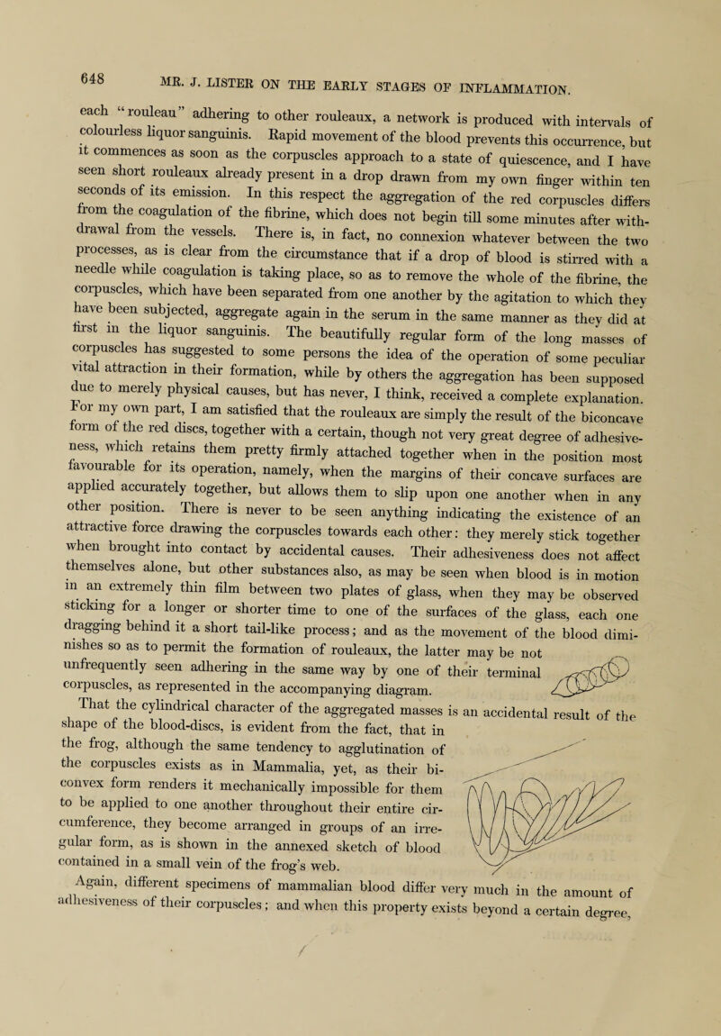 eac “rouleau” adhering to other rouleaux, a network is produced with intervals of colourless liquor sanguinis. Kapid movement of the blood prevents this occurrence, but it commences as soon as the corpuscles approach to a state of quiescence, and I have seen short rouleaux already present in a drop drawn from my own finger within ten seconds of its emission. In this respect the aggregation of the red corpuscles differs fiom the coagulation of the fibrine, which does not begin till some minutes after with- drawal from the vessels. There is, in fact, no connexion whatever between the two processes, as is clear from the circumstance that if a drop of blood is stirred with a needle while coagulation is taking place, so as to remove the whole of the fibrine, the corpuscles, which have been separated from one another by the agitation to which they have been subjected, aggregate again in the serum in the same manner as they did at first m the liquor sanguinis. The beautifully regular form of the long masses of corpuscles has suggested to some persons the idea of the operation of some peculiar vital attraction m their formation, while by others the aggregation has been supposed due to merely physical causes, but has never, I think, received a complete explanation, or my own part, I am satisfied that the rouleaux are simply the result of the biconcave orm of the red discs, together with a certain, though not very great degree of adhesive¬ ness, which retains them pretty firmly attached together when in the position most favourable for its operation, namely, when the margins of their concave surfaces are applied accurately together, but allows them to slip upon one another when in any other position. There is never to be seen anything indicating the existence of an attractive force drawing the corpuscles towards each other: they merely stick together when brought into contact by accidental causes. Their adhesiveness does not affect themselves alone, but other substances also, as may be seen when blood is in motion m an extremely thin film between two plates of glass, when they may be observed sticking for a longer or shorter time to one of the surfaces of the glass, each one dragging behind it a short tail-like process; and as the movement of the blood dimi¬ nishes so as to permit the formation of rouleaux, the latter may be not unfrequently seen adhering in the same way by one of their terminal coipuscles, as represented in the accompanying diagram. _, That the cylindrical character of the aggregated masses is an accidental result of the shape of the blood-discs, is evident from the fact, that in the fiog, although the same tendency to agglutination of the corpuscles exists as in Mammalia, yet, as their bi¬ convex form renders it mechanically impossible for them to be applied to one another throughout their entire cir¬ cumference, they become arranged in groups of an irre- gulai form, as is shown in the annexed sketch of blood contained in a small vein of the frog s web. Again, different specimens of mammalian blood differ very much in the amount of adhesiveness of their corpuscles; and when this property exists beyond a certain degree.