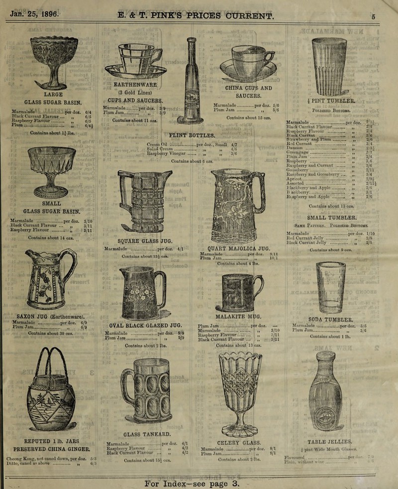 LARGE GLASS SUGAR BASIN. Marmalade .per doz. 6/4 Black Currant Flavour. 6/5 Raspberry Flavour. ,, 6/5 Plum. „ 6/4J EARTHENWARE (3 Gold Lines) CUPS AND SAUCERS. Marmalade..,..'....per doz. 3/9 Plum Jam. ,, 3/9 Contains about 11 oze. CHINA SAUCERS. Marmalade.per doz. 5/6 Plum Jam . ,, 5/6 Contains about 15 ozs. 4/1 4/2 4/2 CELERY GLASS. Marmalade ..per doz. 8/1 Plum Jam. ,, 8/1 GLASS TANKARD. REPUTED 1 lb. JARS PRESERVED CHINA GINGER. Marmalade .per doz. Raspberry Flavour . ,, Black Currant Flavour ... ,, Contains about If lbs. FLINT BOTTLES. Cream Oil ...per doz., Small 4/7 Salad Cream. „ „ 4/6 Raspberry Vinegar . ,, „ 3/6 Contains about 6 ozs. SMALL GLASS SUGAR BASIN. Marmalade .per doz. 3/10 Black Currant Flavour ... ,, 3/11 Raspberry Flavour . „ 3/11 Contains about 14 ozs. SAXON JUG (Earthenware). Marmalade .per doz. 6/9 Plum Jam. ,, 6/9 Contains about 30 ozs. QUART Marmalade . Plum Jam... Contains about 4 SQUARE Marmalade .per doz. 4/1 Contains about 13J ozs. MALAKITE Plum Jam.per doz. — Marmalade . ,, 3/10 Raspberry Flavour.. 3/11 Black Currant Flavour ... ,, 3/11 Contains about 13 ozs. OVAL BLACK GLAZED JUG. Marmalade Plum Jam.. doz. Contains about 2 9/9 9/9 Cheong Kong, not caned down, per doz. 5'3 Ditto, caned a* above . „ 6/3 Contains about 151 ozs. Contains about 2 lbs. i PINT TUMBLER. Polished Boxioms. Marmalade.per doz. Black Currant Flavour. „ Raspberry Flavour . „ Black Currant . Strawberry and Plum . ,, Rad Currant .. ,, Damson . „ Greengage . „ Plum Jam .... ' „ Raspberry . ,, Raspberry and Currant . „ Gooseberry..'.. „ Raspberry and Gooseberry ... „ Apricot. ,, Assorted . „ Blackberry and Apple .. ,, B ackberry.. ,, Rtspberry and Apple . ,, Contains about 13 ozs. 2 3.V 2/4 2,4 3/6 2/6 3/4 2/31 3/1 2/4 3,6 3/6 2/11 3/4 2/9 g- 2/11-1 2/6 3/1 2/6 SMALL TUMBLER. Same Patteen. Polished Bottoms. Marmalade ...per doz. 1/10 Red Currant Jelly . , Black Currant Jelly . , 2/S 2/S Contains about 5 ozs. SODA TUMBLER. Marmalade .per doz. 3/5 Plum Jam. ,, 3/6 Contains about 1 lb. TABLE JELLIES. J pint Wide Mouth Glasses. Flavoured .per doz. 1 0 Plain, without wine. ,>