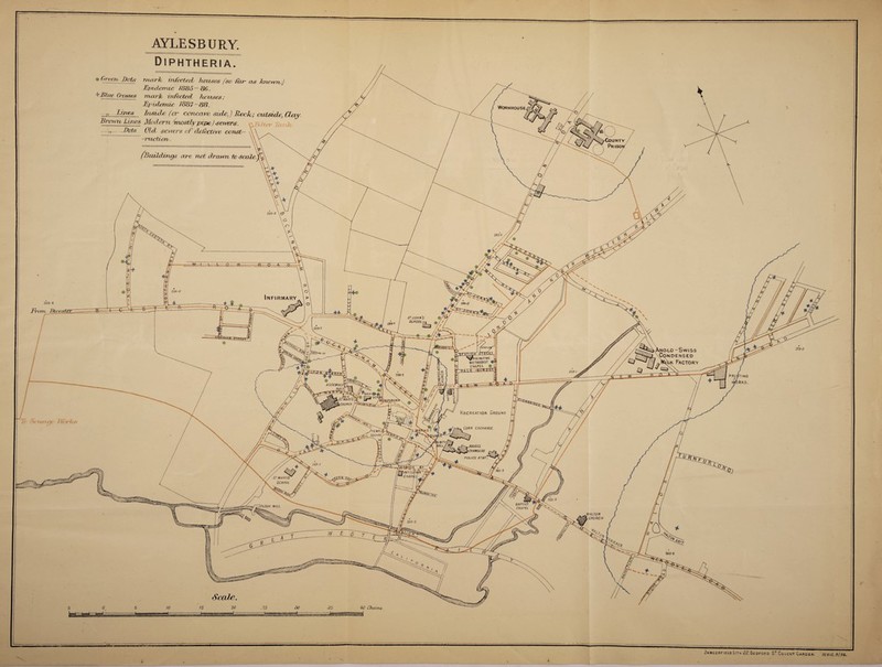 AYLESBURY. Diphtheria. • Green, Dots rrutrk infected houses fso fccr as Jawaa:] ^Epidemic 1885— 86. bBlue Gasses mark infected houses: f/1 identic 1887-88. zu /68I5.8/8&.