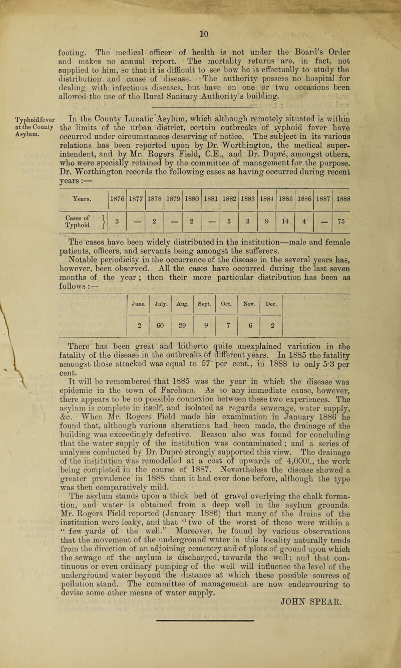 Typhoid fever at the County Asylum. footing. The medical officer of health is not under the Board’s Order and makes no annual report. The mortality returns are, in fact, not supplied to him, so that it is difficult to see how he is effectually to study the distribution and cause of disease. The authority possess no hospital for dealing with infectious diseases, but have on one or two occasions been allowed the use of the Rural Sanitary Authority’s building. In the County Lunatic Asylum, which although remotely situated is within the limits of the urban district, certain outbreaks of lyphoid fever have occurred under circumstances deserving of notice. The subject in its various relations has been reported upon by Dr. Worthington, the medical super¬ intendent, and by Mr. Rogers Field, C.E., and Dr. Dupre, amongst others, who were specially retained by the committee of management for the purpose. Dr. Worthington records the following cases as having occurred during recent years:— Years. 1876 1877 1878 1879 1880 1881 1882 1883 1884 1885 1886 1887 1888 Cases of Typhoid J 3 — 2 — 2 — 3 3 9 14 4 — 75 The cases have been widely distributed in the institution—male and female patients, officers, and servants being amongst the sufferers. Notable periodicity in the occurrence of the disease in the several years has, however, been observed. All the cases have occurred during the last seven months of the year; then their more particular distribution has been as follows : — June. July. Aug. Sept. Oct. Nov. Dec. 2 60 29 9 7 6 2 There has been great and hitherto quite unexplained variation in the fatality of the disease in the outbreaks of different years. In 1885 the fatality amongst those attacked was equal to 57 per cent., in 1888 to only 5-3 per cent. It will be remembered that 1885 was the year in which the disease was epidemic in the town of Fareham. As to any immediate cause, however, there appears to be no possible connexion between these two experiences. The asylum is complete in itself, and isolated as regards sewerage, water supply, &c. When Mr. Rogers Field made his examination in January 1886 he found that, although various alterations had been made, the drainage of the building was exceedingly defective. Reason also was found for concluding that the water supply of the institution was contaminated; and a series of •analyses conducted by Dr. Dupre strongly supported this view. The drainage of the institution was remodelled at a cost of upwards of 4,000h, the work being completed in the course of 1887. Nevertheless the disease showed a greater prevalence in 1888 than it had ever done before, although the type was then comparatively mild. The asylum stands upon a thick bed of gravel overlying the chalk forma¬ tion, and water is obtained from a deep well in the asylum grounds. Mr. Rogers Field reported (January 1886) that many of the drains of the institution were leaky, and that “two of the worst of these were within a “ few yards of the well.” Moreover, he found by various observations that the movement of the underground water in this locality naturally tends from the direction of an adjoining cemetery and of plots of ground upon which the sewage of the asylum is discharged, towards the well; and that con¬ tinuous or even ordinary pumping of the well will influence the level of the underground water beyond the distance at which these possible sources of pollution stand. The committee of management are now endeavouring to devise some other means of water supply. JOHN SPEAR.