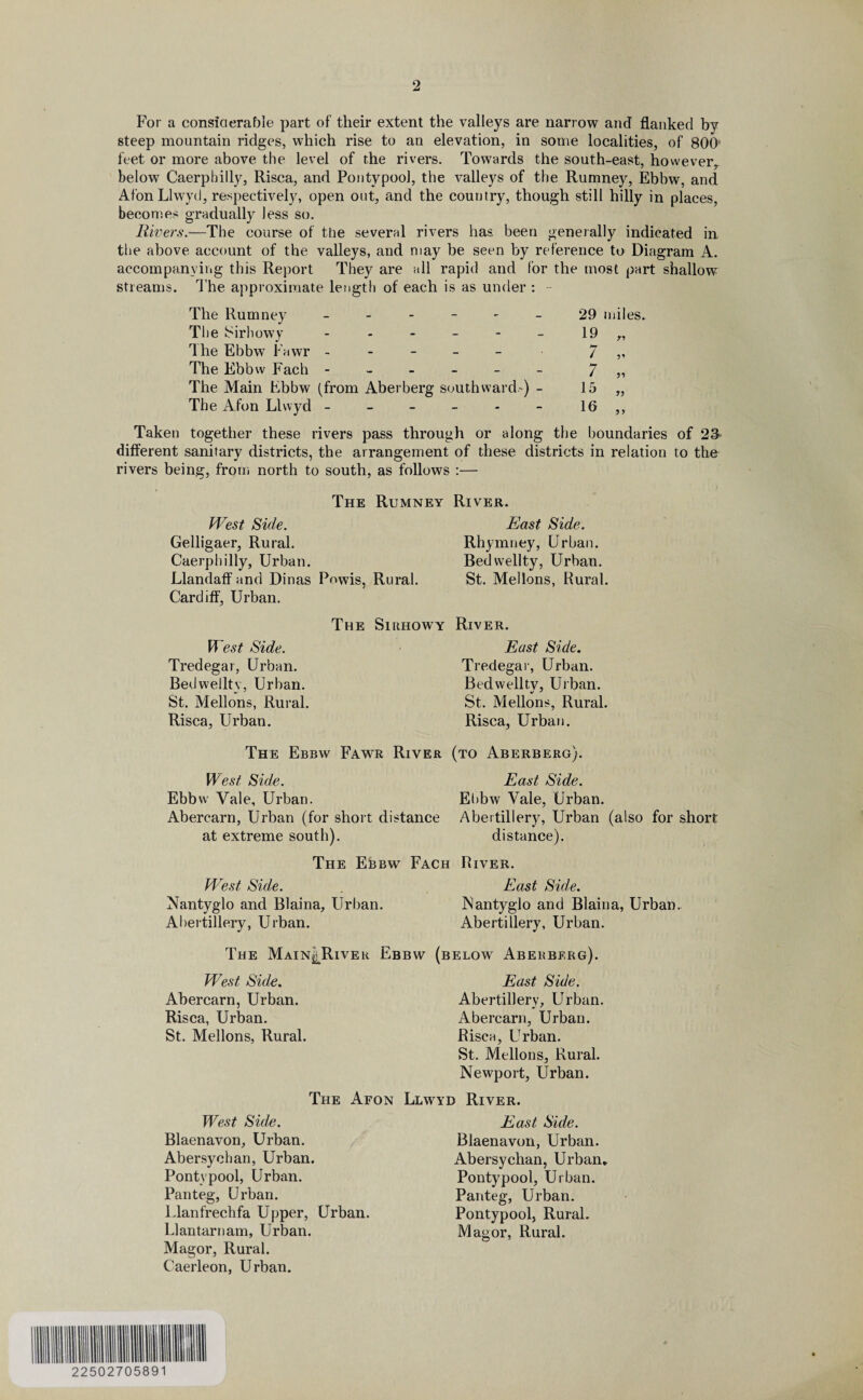2 For a considerable part of their extent the valleys are narrow and flanked by steep mountain ridges, which rise to an elevation, in some localities, of 800l feet or more above the level of the rivers. Towards the south-east, howevery below Caerphilly, Risca, and Pontypool, the valleys of the Rumney, Ebbw, and Afon Llwyd, respectively, open out, and the country, though still hilly in places, becomes gradually less so. Rivers.—The course of the several rivers has been generally indicated in the above account of the valleys, and may be seen by reference to Diagram A. accompanying this Report They are all rapid and for the most part shallow streams. The approximate length of each is as under : The Rumney ------ 29 miles. The Sirhowy - - - - - - 19 „ The Ebbw Fawr ----- 7 „ The Ebbw Fach ----- - 7 „ The Main Ebbw (from Aberberg southward.-) - 15 „ The Afon Llwyd - - - - - - 16 ,, Taken together these rivers pass through or along the boundaries of 2& different sanitary districts, the arrangement of these districts in relation to the rivers being, from north to south, as follows :— The Rumney River. West Side. Gelligaer, Rural. Caerphilly, Urban. Llandaff and Dinas Fowis, Rural. Cardiff, Urban. East Side. Rhymney, Urban. Bedwellty, Urban. St. Mellons, Rural. West Side. Tredegar, Urban. Bedwellty, Urban. St. Mellons, Rural. Risca, Urban. The Sirhowy River. East Side. Tredegar, Urban. Bedwellty, Urban. St. Mellons, Rural. Risca, Urban. The Ebbw Fawr River (to Aberberg). West Side. East Side. Ebbw Vale, Urban. Ebbw Vale, Urban. Abercarn, Urban (for short distance Abertillery, Urban (also for short at extreme south). distance). The Ebbw Fach River. West Side. East Side. Nantyglo and Blaina, Urban. Nantyglo and Blaina, Urban. Abertillery, Urban. Abertillery, Urban. The Main^River West Side. Abercarn, Urban. Risca, Urban. St. Mellons, Rural. The Afon West Side. Blaenavon, Urban. Abersychan, Urban. Pontypool, Urban. Pan teg, Urban. Llanfreclifa Upper, Urban. Llantarnam, Urban. Magor, Rural. Caerleon, Urban. bw (below Aberberg). East Side. Abertillery, Urban. Abercarn, Urban. Risca, Urban. St. Mellons, Rural. Newport, Urban. Llwyd River. East Side. Blaenavon, Urban. Abersychan, Urban. Pontypool, Urban. Panteg, Urban. Pontypool, Rural. Magor, Rural.