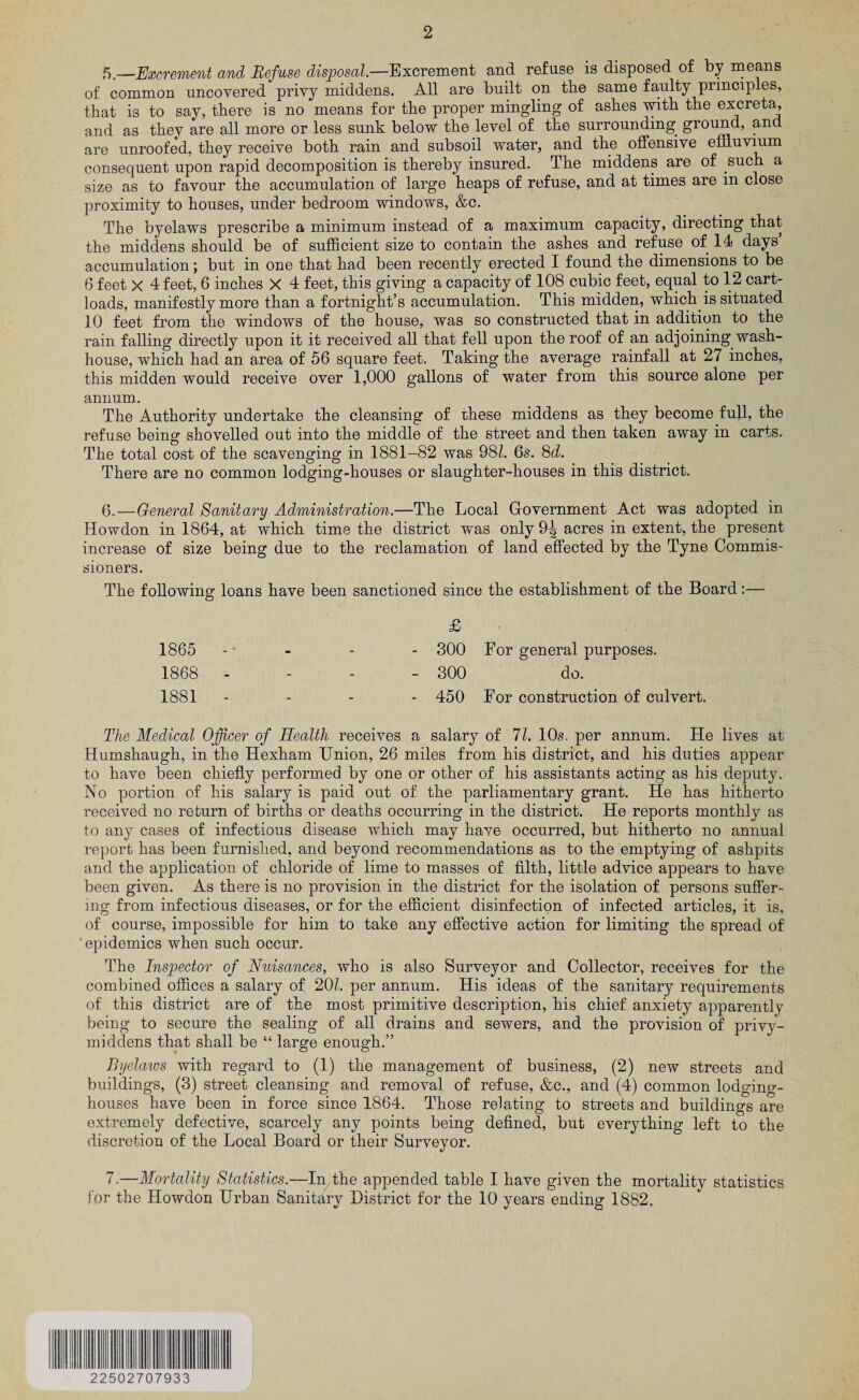 5. —Excrement and Refuse disposal.—Excrement and refuse is disposed of by means of common uncovered privy middens. All are built on the same faulty principles, that is to say, there is no means for the proper mingling of ashes with the excreta, and as they are all more or less sunk below the level of the surrounding ground, and are unroofed, they receive both rain and subsoil water, and the offensive effluvium consequent upon rapid decomposition is thereby insured. The middens are of such a size as to favour the accumulation of large heaps of refuse, and at times are m close proximity to houses, under bedroom windows, &c. The byelaws prescribe a minimum instead of a maximum capacity, directing that the middens should be of sufficient size to contain the ashes and refuse of IT days accumulation; but in one that had been recently erected I found the dimensions to be 6 feet X 4 feet, 6 inches X 4 feet, this giving a capacity of 108 cubic feet, equal to 12 cart¬ loads, manifestly more than a fortnight’s accumulation. This midden, which is situated 10 feet from the windows of the house, was so constructed that in addition to the rain falling directly upon it it received all that fell upon the roof of an adjoining wash¬ house, which had an area of 56 square feet. Taking the average rainfall at 27 inches, this midden would receive over 1,000 gallons of water from this source alone per annum. The Authority undertake the cleansing of rhese middens as they become full, the refuse being shovelled out into the middle of the street and then taken away in carts. The total cost of the scavenging in 1881-82 was 98Z. 6s. 8d. There are no common lodging-houses or slaughter-houses in this district. 6. — General Sanitary Administration.—The Local Government Act was adopted in Howdon in 1864, at which time the district was only 9^ acres in extent, the present increase of size being due to the reclamation of land effected by the Tyne Commis¬ sioners. The following loans have been sanctioned since the establishment of the Board:— 1865 -' - - - 300 For general purposes. 1868 - - - - 300 do. 1881 - _ . - 450 For construction of culvert. The Medical Officer of Health receives a salary of 71. 10s. per annum. He lives at Humshaugh, in the Hexham Union, 26 miles from his district, and his duties appear to have been chiefly performed by one or other of his assistants acting as his deputy. No portion of his salary is paid out of the parliamentary grant. He has hitherto received no return of births or deaths occurring in the district. He reports monthly as to any cases of infectious disease which may have occurred, but hitherto no annual report has been furnished, and beyond recommendations as to the emptying of ashpits and the application of chloride of lime to masses of filth, little advice appears to have been given. As there is no provision in the district for the isolation of persons suffer¬ ing from infectious diseases, or for the efficient disinfection of infected articles, it is, of course, impossible for him to take any effective action for limiting the spread of ’epidemics when such occur. The Inspector of Nuisances, who is also Surveyor and Collector, receives for the combined offices a salary of 201. per annum. His ideas of the sanitary requirements of this district are of the most primitive description, his chief anxiety apparently being to secure the sealing of all drains and sewers, and the provision of privy- middens that shall be “ large enough.” Byelaws with regard to (1) the management of business, (2) new streets and buildings, (3) street cleansing and removal of refuse, &c., and (4) common lodging- houses have been in force since 1864. Those relating to streets and buildings are extremely defective, scarcely any points being defined, but everything left to the discretion of the Local Board or their Surveyor. 7.—Mortality Statistics.—In the appended table I have given the mortality statistics for the Howdon Urban Sanitary District for the 10 years ending 1882. 22502707933