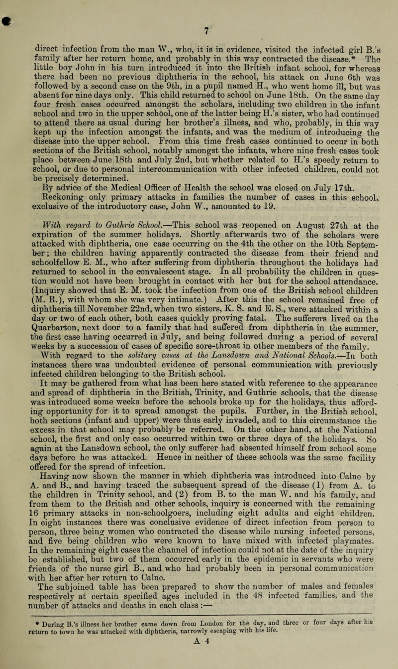 direct infection from the man W., who, it is in evidence, visited the infected girl B.'s family after her return home, and probably in this way contracted the disease.* The little boy John in his turn introduced it into the British infant school, for whereas there had been no previous diphtheria in the school, his attack on June 6th was followed by a second case on the 9th, in a pupil named H., who went home ill, but was absent for nine days only. This child returned to school on June 18th. On the same day four fresh cases occurred amongst the scholars, including two children in the infant school and two in the upper school, one of the latter being H.’s sister, who had continued to attend there as usual during her brother's illness, and who, probably, in this way kept up the infection amongst the infants, and was the medium of introducing the disease into the upper school. From this time fresh cases continued to occur in both sections of the British school, notably amongst the infants, where nine fresh cases took place between June 18th and July 2nd, but whether related to H.’s speedy return to school, or due to personal intercommunication with other infected children, could not be precisely determined. By advice of the Medical Officer of Health the school was closed on July 17th. Beckoning only primary attacks in families the number of cases in this school, exclusive of the introductory case, John W., amounted to 19. With regard to Guthrie School.—This school was reopened on August 27th at the expiration of the summer holidays. Shortly afterwards two of the scholars were attacked with diphtheria, one case occurring on the 4th the other on the 10th Septem¬ ber ; the children having apparently contracted the disease from their friend and schoolfellow E. M., who after suffering from diphtheria throughout the holidays had returned to school in the convalescent stage. In all probability the children in ques¬ tion would not have been brought in contact with her but for the school attendance. (Inquiry showed that E. M. took the infection from one of the British school children (M. B.), with whom she was very intimate.) After this the school remained free of diphtheria till November 22nd, when two sisters, K. S. and E. S., were attacked within a day or two of each other, both cases quickly proving fatal. The sufferers lived on the Quarbarton, next door to a family that had suffered from diphtheria in the summer, the first case having occurred in July, and being followed during a period of several weeks by a succession of cases of specific sore-throat in other members of the family. With regard to the solitary cases at the Lansdown and National Schools.—In both instances there was undoubted evidence of personal communication with previously infected children belonging to the British school. It may be gathered from what has been here stated with reference to the appearance and spread of diphtheria in the British, Trinity, and Guthrie schools, that the disease was introduced some weeks before the schools broke up for the holidays, thus afford¬ ing opportunity for it to spread amongst the pupils. Further, in the British school, both sections (infant and upper) were thus early invaded, and to this circumstance the excess in that school may probably be referred. On the other hand, at the National school, the first and only case occurred within two or three days of the holidays. So again at the Lansdown school, the only sufferer had absented himself from school some days before he was attacked. Hence in neither of these schools was the same facility offered for the spread of infection. Having now shown the manner in which diphtheria was introduced into Caine by A. and B., and having traced the subsequent spread of the disease (1) from A. to the children in Trinity school, and (2) from B. to the man W. and his family, and from them to the British and other schools, inquiry is concerned with the remaining 16 primary attacks in non-schoolgoers, including eight adults and eight children. In eight instances there was conclusive evidence of direct infection from person to person, three being women who contracted the disease while nursing infected persons, and five being children who were known to have mixed with infected playmates. In the remaining eight cases the channel of infection could not at the date of the inquiry be established, but two of them occurred early in the epidemic in servants who were friends of the nurse girl B., and who had probably been in personal communication with her after her return to Caine. The subjoined table has been prepared to show the number of males and females respectively at certain specified ages included in the 48 infected families, and the number of attacks and deaths in each class :— * During B.’s illness her brother came down from London for the day, and three or four days after h.s return to town he was attacked with diphtheria, narrowly escaping with his life.
