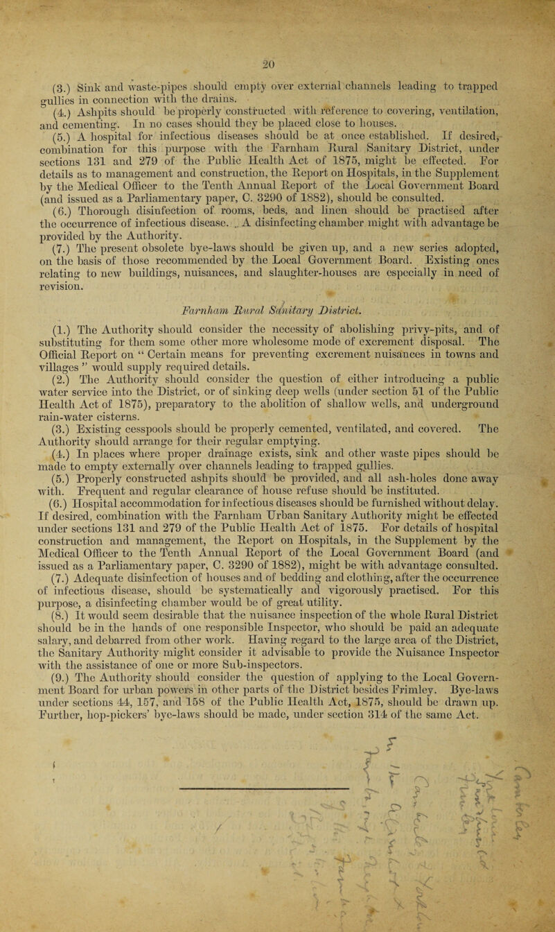 (3.) Sink and waste-pipes should empty over external channels leading to trapped gullies in connection with the drains. (4) Ashpits should he properly constructed with reference to covering, ventilation, and cementing. In no cases should they he placed close to houses. (5.) A hospital for infectious diseases should be at once established. If desired, combination for this purpose with the Earnham Jlural Sanitary District, under sections 131 and 279 of the Public Health Act of 1875, might he effected. Eor details as to management and construction, the Report on Hospitals, in the Supplement by the Medical Officer to the Tenth Annual Report of the Local Government Board (and issued as a Parliamentary paper, G. 3290 of 1882), should he consulted. (6.) Thorough disinfection of rooms, beds, and linen should be practised after the occurrence of infectious disease. . A disinfecting chamber might with advantage he provided by the Authority. (7.) The present obsolete bye-laws should be given up, and a new series adopted, on the basis of those recommended by the Local Government Board. Existing ones relating to new buildings, nuisances, and slaughter-houses are especially in need of revision. i Farnham 'Rural Sanitary District. (1.) The Authority should consider the necessity of abolishing privy-pits, and of substituting for them some other more wholesome mode of excrement disposal. The Official Report on “ Certain means for preventing excrement nuisances in towns and villages ” would supply required details. (2.) The Authority should consider the question of either introducing a public water service into the District, or of sinking deep wells (under section 51 of the Public Health Act of 1875), preparatory to the abolition of shallow wells, and underground rain-water cisterns. (3.) Existing cesspools should be properly cemented, ventilated, and covered. The Authority should arrange for their regular emptying. (4.) In places where proper drainage exists, sink and other waste pipes should he made to empty externally over channels leading to trapped gullies. (5.) Properly constructed ashpits should be provided, and all ash-holes done away with. Erequent and regular clearance of house refuse should be instituted. (6.) Hospital accommodation for infectious diseases should be furnished without delay. If desired, combination with the Earnham Urban Sanitary Authority might be effected under sections 131 and 279 of the Public Health Act of 1875. Eor details of hospital construction and management, the Report on Hospitals, in the Supplement by the Medical Officer to the Tenth Annual Report of the Local Government Board (and issued as a Parliamentary paper, C. 3290 of 1882), might be with advantage consulted. (7.) Adequate disinfection of houses and of bedding and clothing, after the occurrence of infectious disease, should be systematically and vigorously practised,, Eor this purpose, a disinfecting chamber would be of great utility. (8.) It would seem desirable that the nuisance inspection of the whole Rural District should be in the hands of one responsible Inspector, who should be paid an adequate salary, and debarred from other work. Having regard to the large area of the District, the Sanitary Authority might consider it advisable to provide the Nuisance Inspector with the assistance of one or more Sub-inspectors. (9.) The Authority should consider the question of applying to the Local Govern¬ ment Board for urban powers in other parts of the District besides Erimley. Bye-laws under sections 44, 157, and 158 of the Public Health Act, 1875, should be drawn up. Eurther, hop-pickers’ bye-laws should be made, under section 314 of the same Act. i T / f f r p r> A r c g. f f> ' J r- fa Vs J ? y f* * r • r\ v A