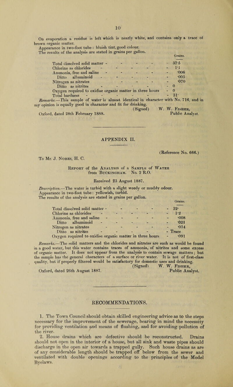 On evaporation a residue is left which is nearly white, and contains only a trace of brown organic matter. Appearance in two-foot tube : bluish tint, good colour. The results of the analysis are stated in grains per gallon. Grains. Total dissolved solid matter ----- 37 A Chlorine as chlorides - - - - “1*1 Ammonia,, free and saline ----- *006 Ditto albuminoid - - - - - '005 Nitrogen as nitrates - 070 Ditto as nitrites - - - - - 0 Oxygen required to oxidise organic matter in three hours - 0 Total hardness - - - - - -31* Remarks.—This sample of water is almost identical in character with No. 716, and in my opinion is equally good in character and fit for drinking. (Signed) W. W. Fisher, Oxford, dated 28th February 1888. Public Analyst. APPENDIX II. (Reference No. 666.) To Mr. J. Noses, H. C. Report of the Analysis of a Sample of Water from Buckingham. No. 2 R.O. Received 23 August 1887. Description.—The water is turbid with a slight weedy or muddy odour. Appearance in two-foot tube: yellowish, turbid. The results of the analysis are stated in grains per gallon. Grains. Total dissolved solid matter - - - - 22* Chlorine as chlorides - - - - -1*2 Ammonia, free and saline ----- *008 Ditto albuminoid - - - - 021 Nitrogen as nitrates - - - - - *014 Ditto as nitrites - - - - - Trace Oxygen required to oxidise organic matter in three hours - *091 Remarks.—The solid matters and the chlorides and nitrates are such as would be found in a good water, but this water contains traces of ammonia, of nitrites and some excess of organic matter. It does not appear from the analysis to contain sewage matters ; but the sample has the general characters of a surface or river water. It is not of first-class quality, but if properly filtered would be satisfactory for domestic uses and drinking. (Signed) W. W. Fisher, Oxford, dated 26th August 1887. Public Analyst. RECOMMENDATIONS. 1. The Town Council should obtain skilled engineering advice as to the steps necessary for the improvement of the sewerage, bearing in mind the necessity for providing ventilation and means of flushing, and for avoiding pollution of the river. 2. House drains which are defective should be reconstructed. Drains should not open in the interior of a house, but all sink and waste pipes should discharge in the open air towards a trapped gully. Such house drains as are of any considerable length should be trapped off below from the sewer and ventilated with double openings according to the principles of the Model Byelaws.